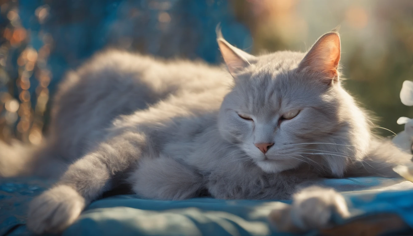 Light grey cat sleeping happily on a blue bed 　Flooded with sunlight　Warm colors