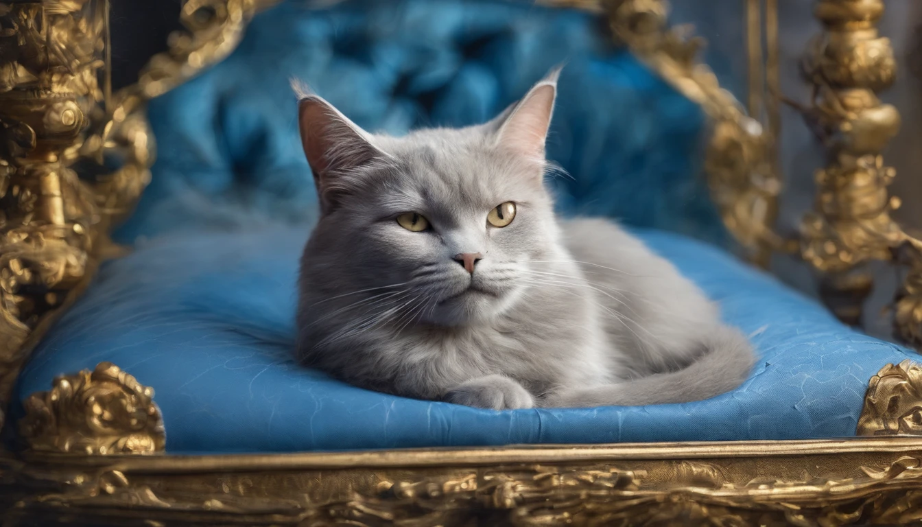 Light grey cat sleeping happily on a blue bed 　Flooded with sunlight　Warm colors
