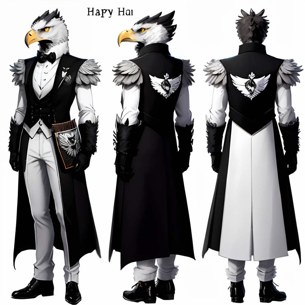 Black and white and gray harpey eagle fursona male character sheet