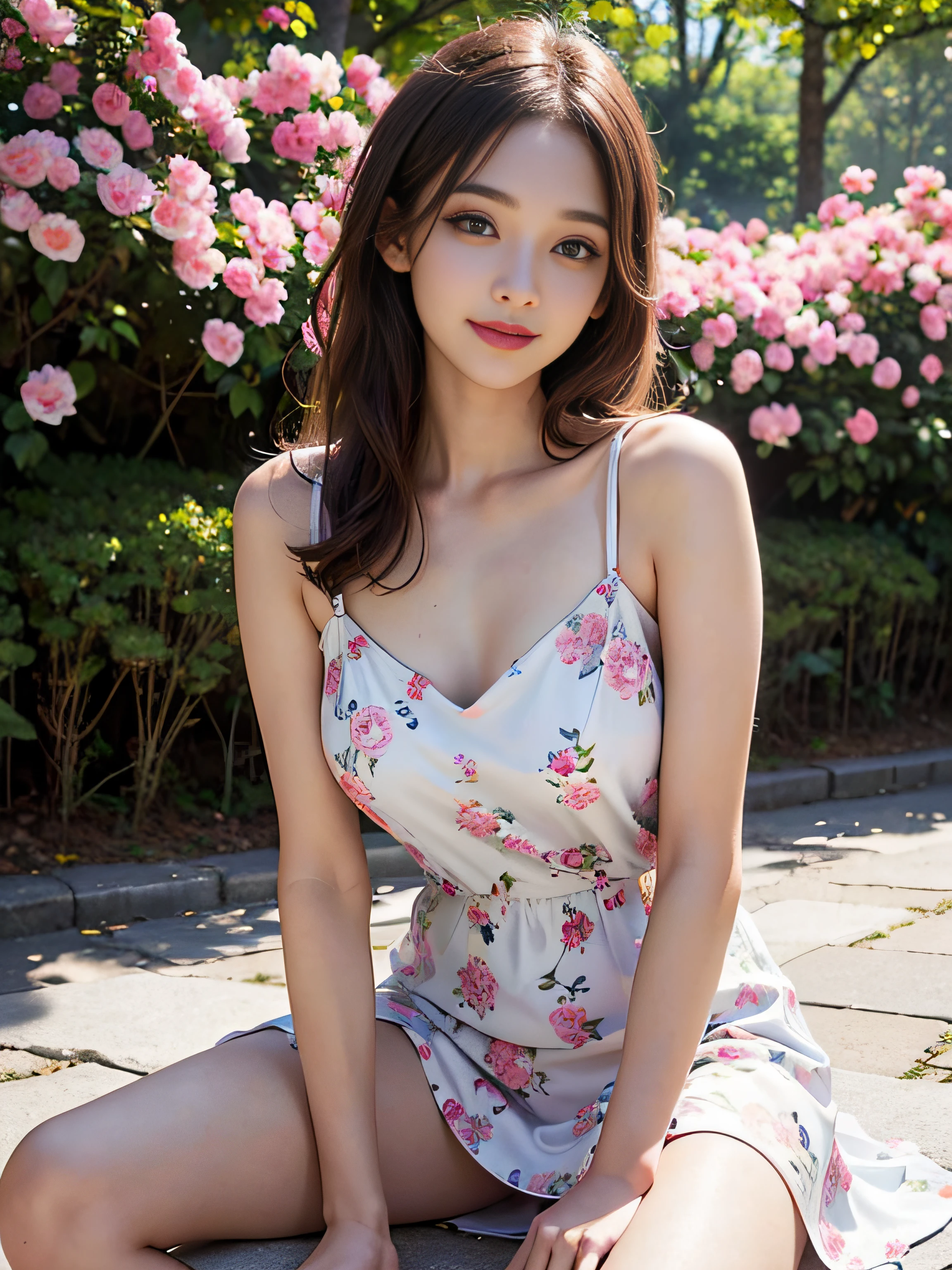 (8K high resolution), (highest quality), (RAW image quality),(table top:1.2), (realistic), (realistic:1.37), White-eye,long eyelashes,exquisite(Live-action realistic style),ultimate face,realistic light and shadow,clear facial features,milky white skin,Fair skin, high detail skin,realistic skin details,visible pores,(Super detailed),Hair length is random, (flowing hair),best portrait,photographed from a distance, only one girl, cute,beautiful and detailed eyes, beautifully detailed nose, highly detailed skin) ,(Beautiful face with double eyelids), (realism: 1.4),excellent details, ultra high resolution,,,delicate and beautiful face,,25 years old,(beautiful face 1.4),thin, (Wear a floral dress:1.2),((In a park rich in nature)),,natural smile,(,Sounds like fun, Isn't that so??),long hair,Sparkling around the eyes,red lipstick,((Wear a floral dress)),very beautiful legs,(((Sit in front of the audience with one leg extended))),((smile at the audience)),The color of the panties is white,very charming smile,sit with one knee up,((Sit down and show off your white panties)),(((Sit with your legs slightly spread apart))),It is a very simple dress