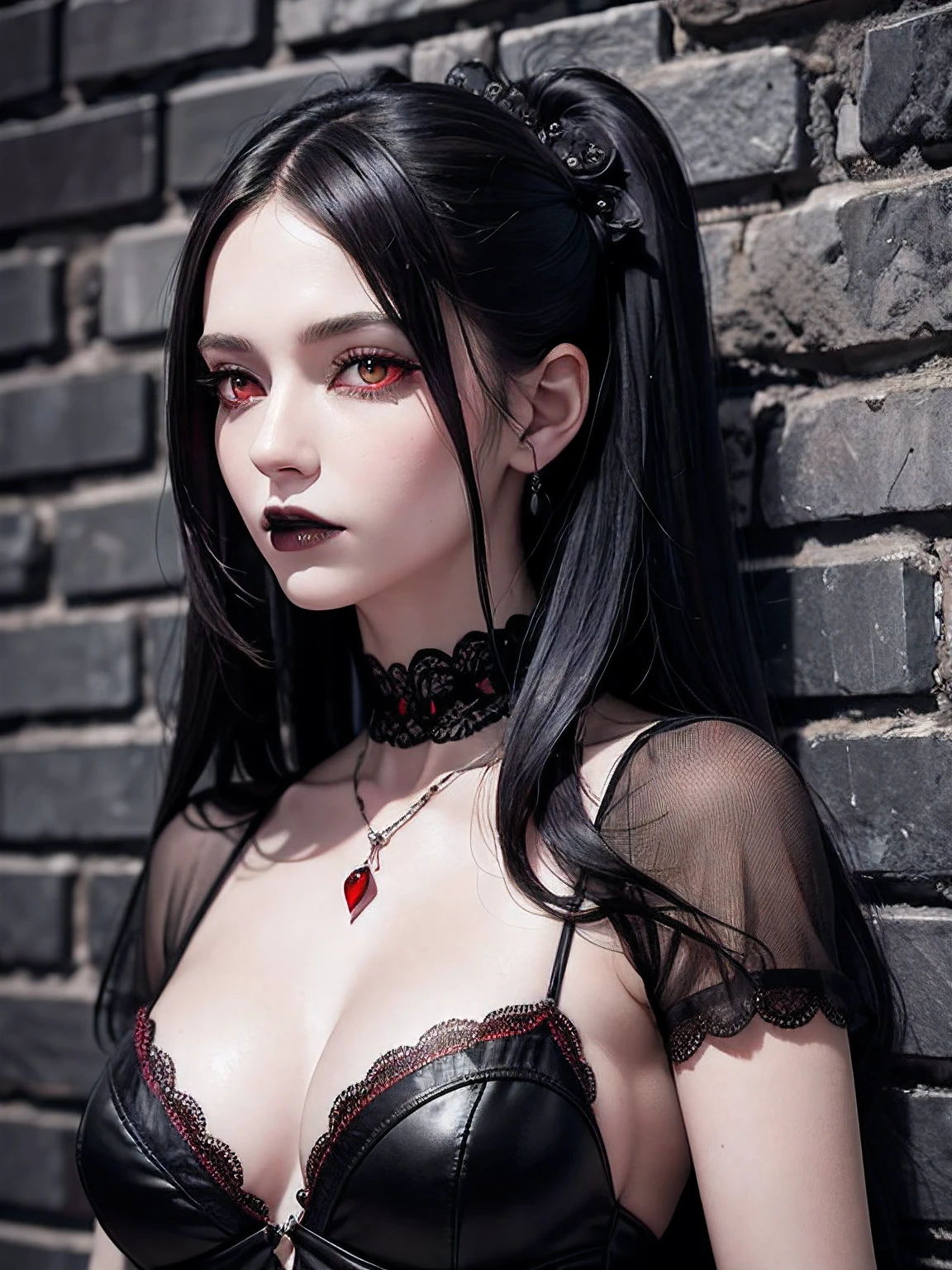 8k, masterpiece, best quality, photorealistic, raw photo, ultra high definition, 1 woman, (red eyes:1.4), long messy black hair, pale skin, medium breasts, very low cut sheer black gothic gown with lace trim, black lace choker with a diamond pendant, standing against a wall, sad expression, head angled down, eyes looking at viewer, mouth open slightly, (black lipstick), holding a rose in her right hand, medieval castle wall background