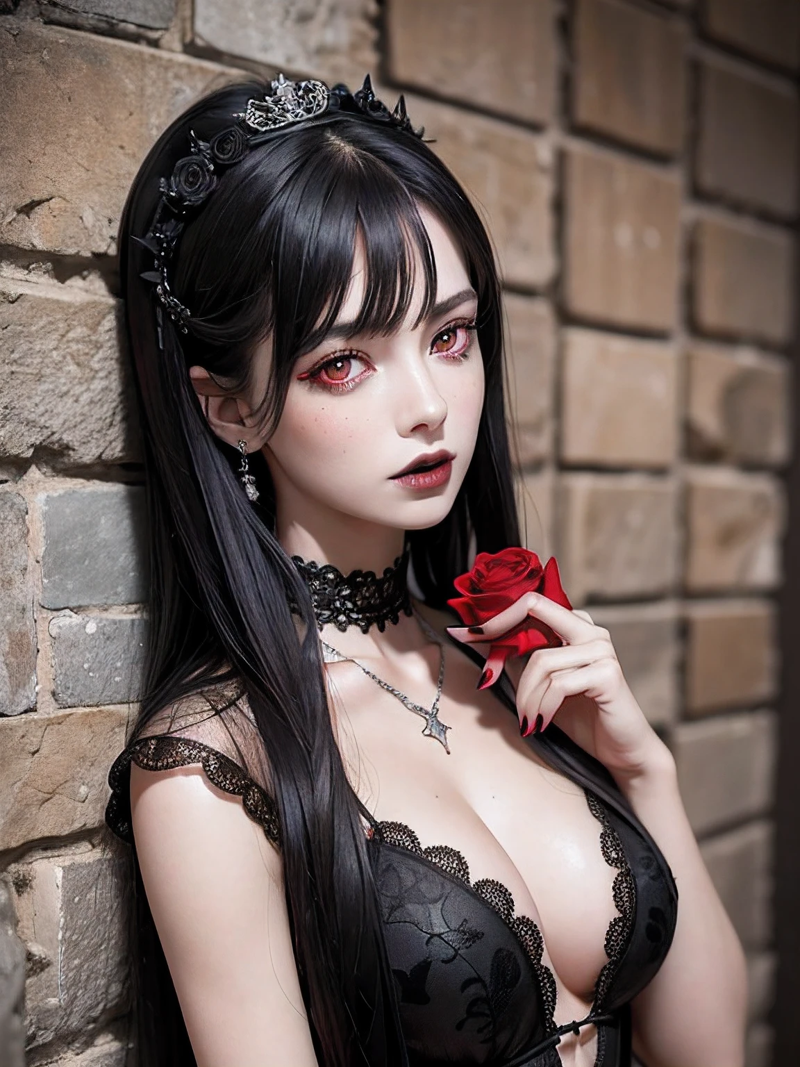 8k, masterpiece, best quality, photorealistic, raw photo, ultra high definition, 1 woman, (red eyes:1.4), long messy black hair, pale skin, medium breasts, very low cut sheer black gothic gown with lace trim, black lace choker with a diamond pendant, standing against a wall, sad expression, head angled down, eyes looking at viewer, mouth open slightly, (black lipstick), holding a rose in her right hand, medieval castle wall background