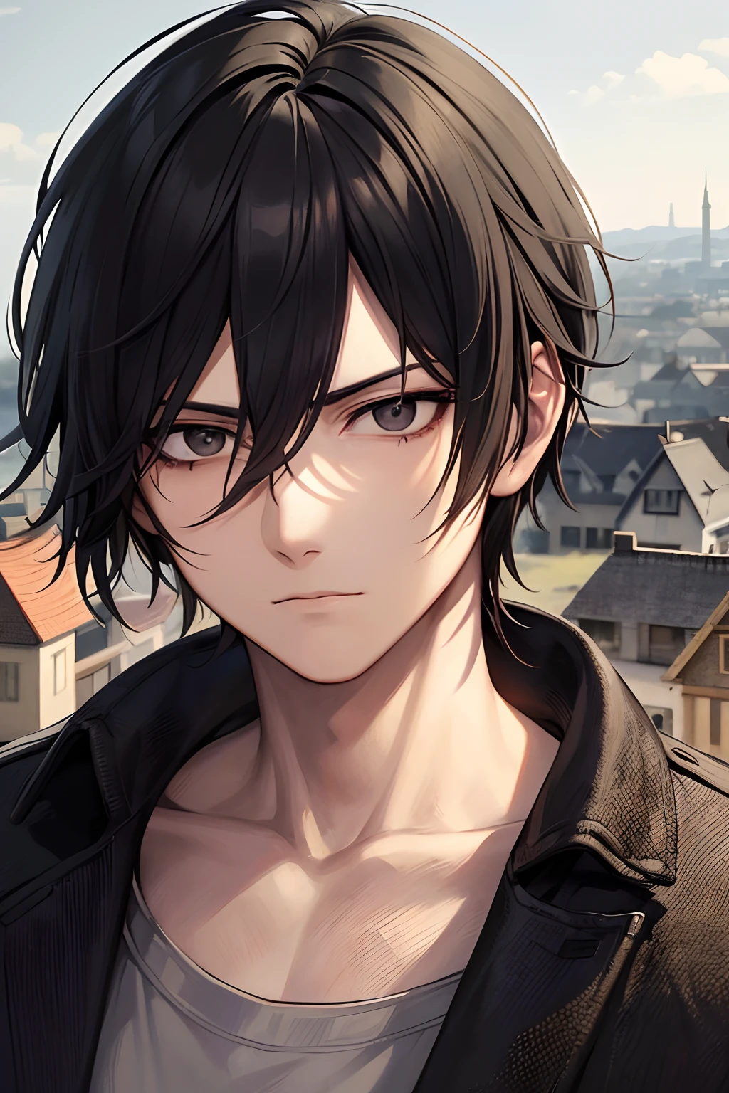 Udo, a adult character from Attack on Titan, black eyes, black hair, undercut hair in anime style, with a neutral gaze, in a landscape of houses. (best quality, masterpiece:1.2), face focus, adult face, harsh details, old features on face, high details on eyes, detailed textures, anime style, bland colors, bland color tones, soft lighting.