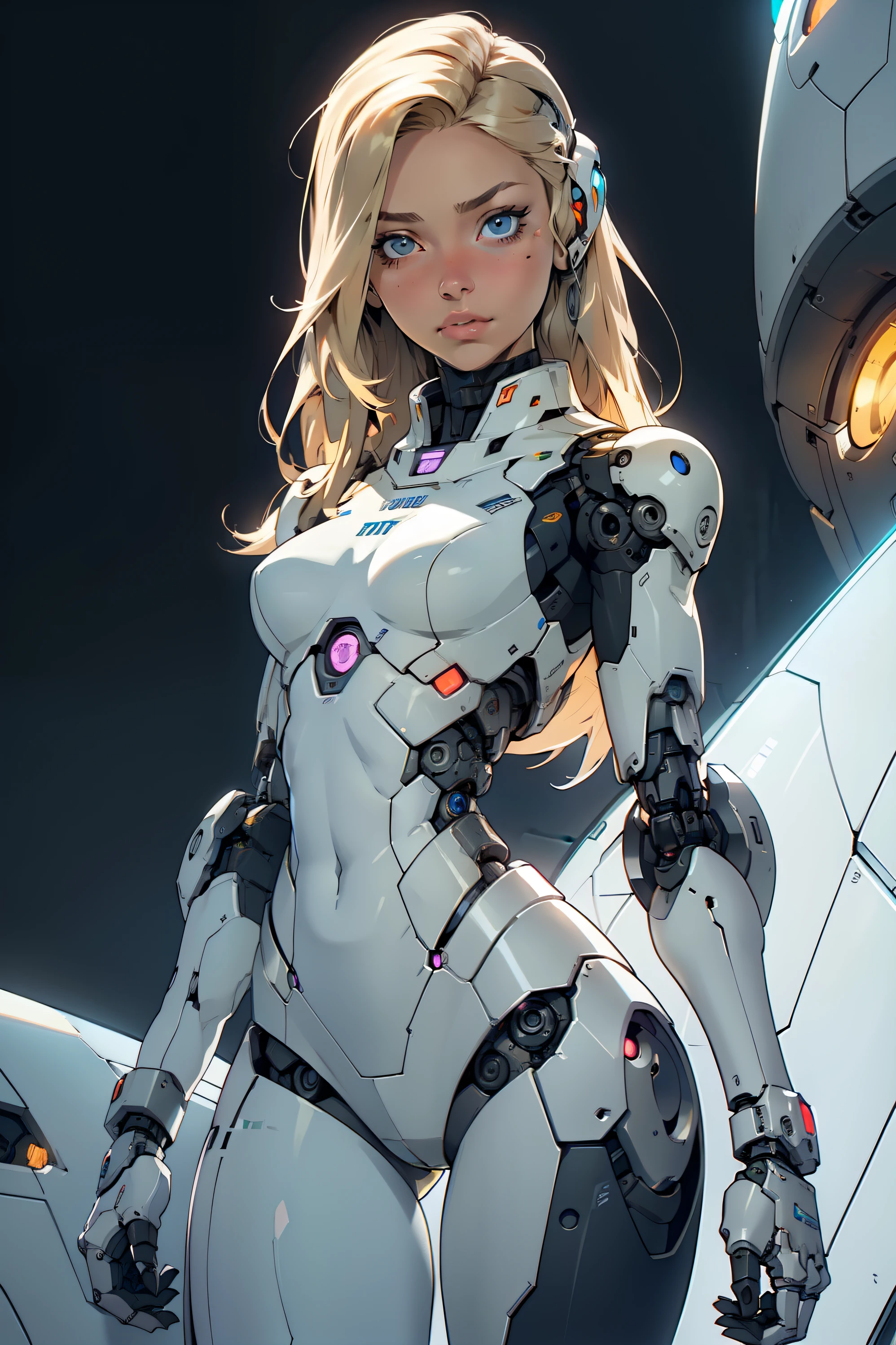 high quality, 4k, masterpiece, beautiful, cyborg girl, cowboy shot, dull eyes, looking at viewer, long blonde hair, girl, small breasts, thick thigh, robotic arms, robotic body, cyborg body, intricate detail, joint, detailed lines, robotic detail, holding fist up, holding hand up as fist, color robotic parts, robotic parts with color, perfect fingers, background is a port hole of a spaceship
