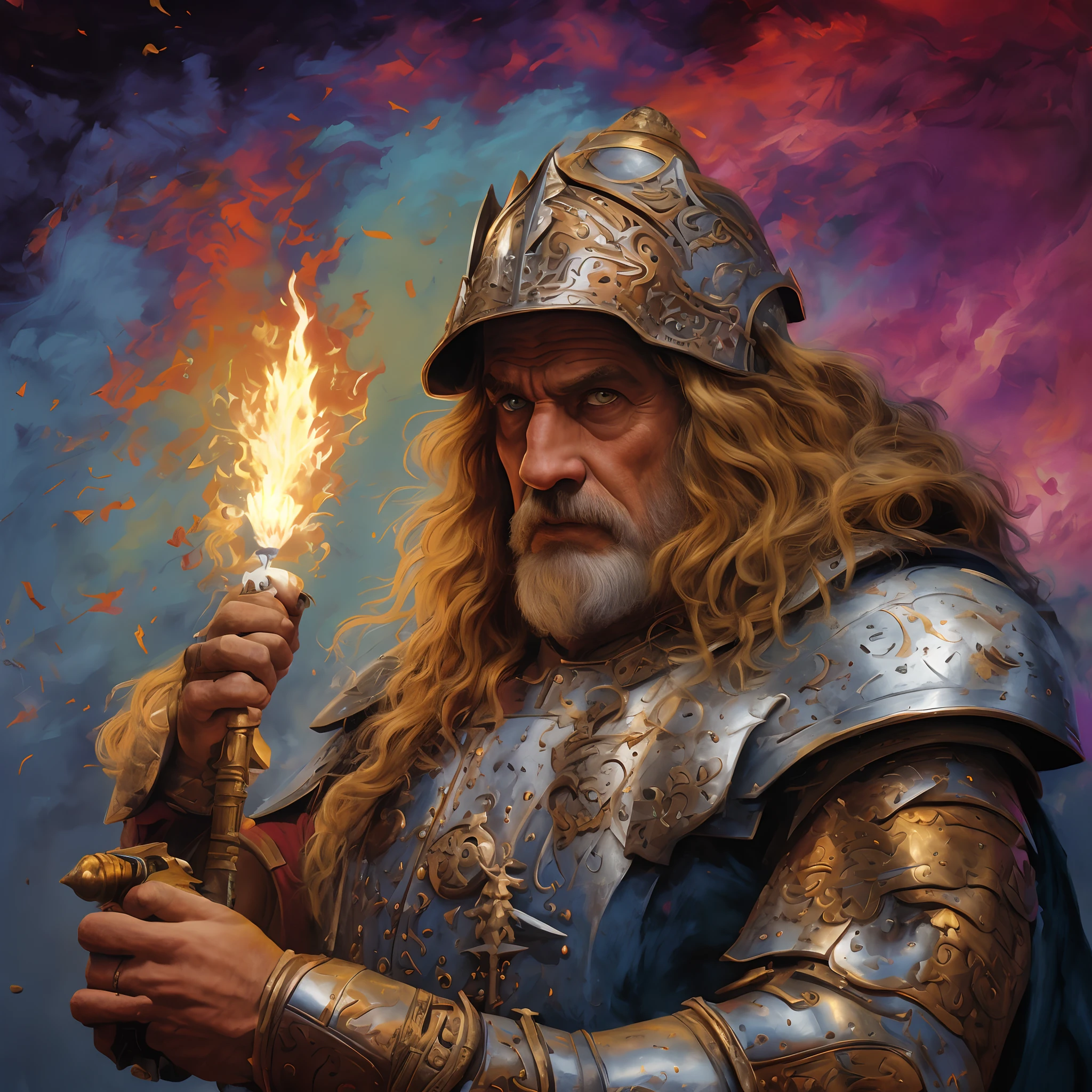 Painting of a man in armor holding a lit matchstick, pintura retrato de ele - homem, dragonlance illustration, barbarous, Retrato pintado de Zeus acidentado, barbarian class, retrato de he - homem, Illustration by Conan, the Barbarian, barbarian celebrate his birthday, Retrato pintado de Odin acidentado, Directed by: Alex Horley, d & d pintura digital, Directed by: Alex Horley-Orlandelli