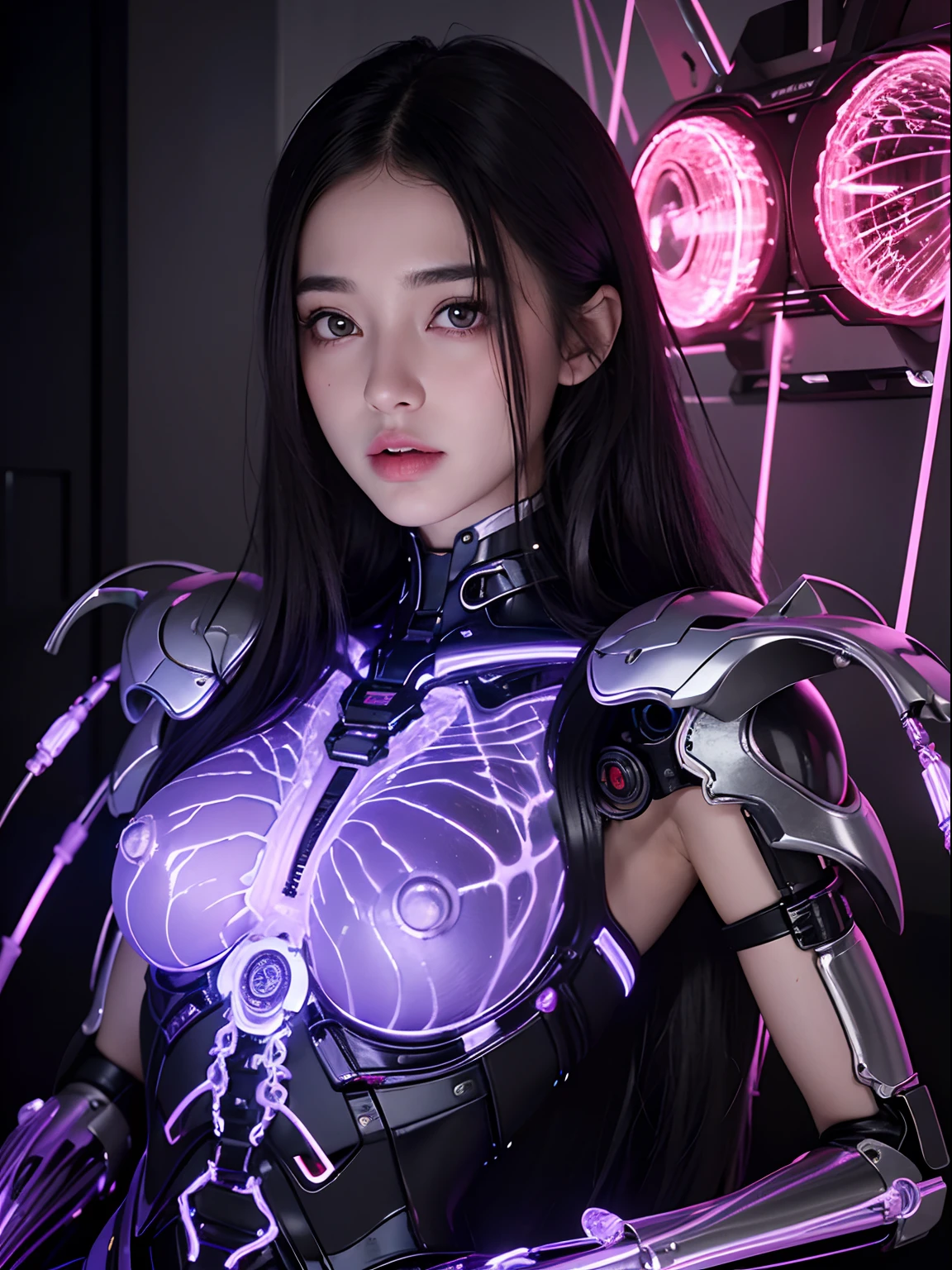 Top Quality, Masterpiece, Ultra High Resolution, (Photorealistic: 1.4), Raw Photo, 1 Girl, Black Hair, Glossy Skin, 1 Mechanical Girl, (Ultra Realistic Detail)), Portrait, Global Illumination, Shadows, Octane Rendering, 8K, Ultra Sharp, Big, Cleavage Exposed Raw Skin, Metal, Intricate Ornament Details, Japan Details, Very intricate details, realistic light, CGSoation trend, purple eyes, glowing eyes, facing the camera, neon details, mechanical limbs, blood vessels connected to the tube, mechanical vertebrae attached to the back, mechanical cervical attachment to the neck, sitting, wires and cables connecting to the head, gundam, small LED lamps,