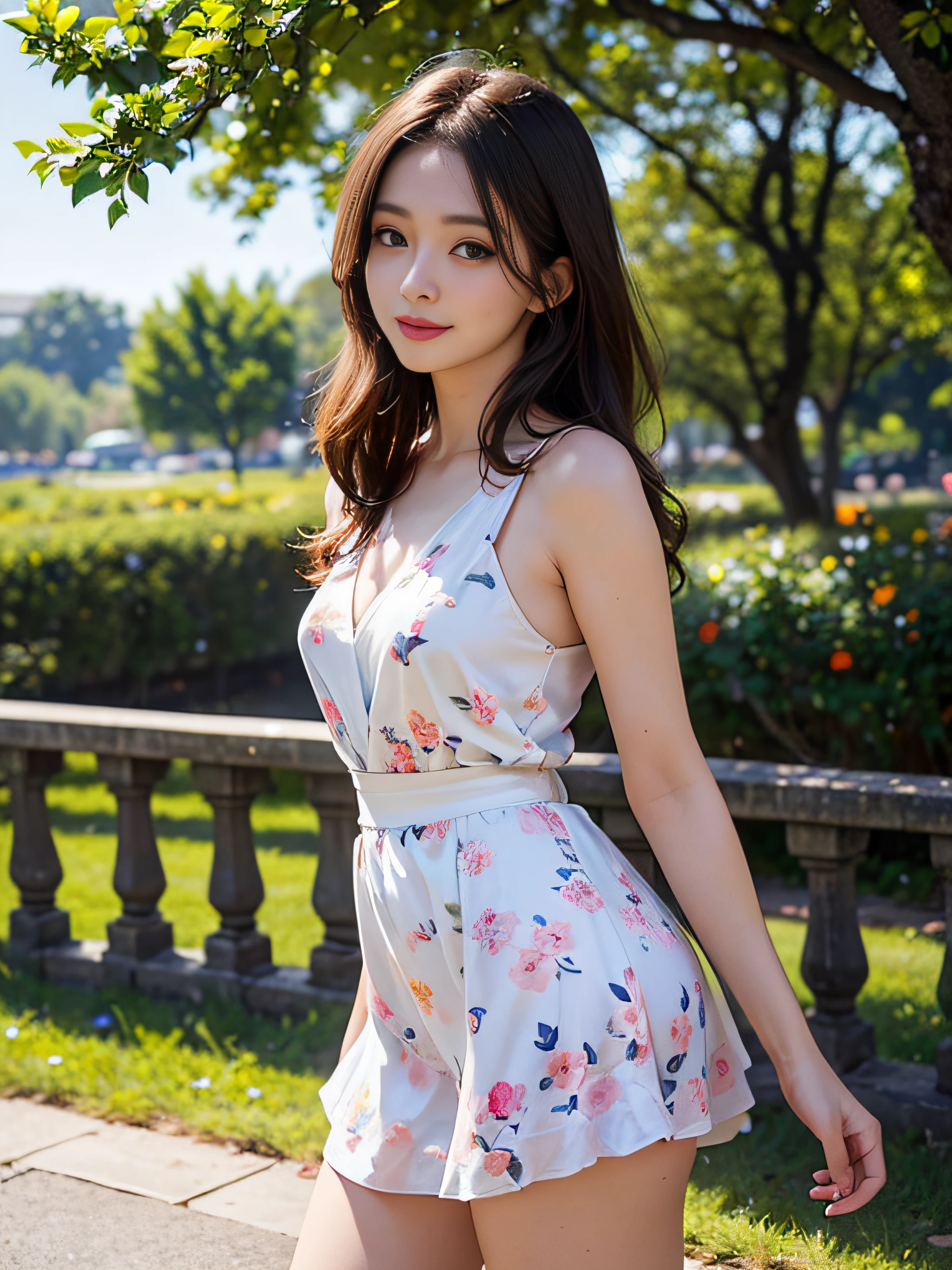 (8K high image quality), (top-quality), (RAW image quality),(masutepiece:1.2), (Realistic), (Photorealistic:1.37), largeeyes,long eyelasher,Exquisite（Live-action realistic style）,The Ultimate Face,Photorealistic light and shadow,Clear facial features,milky skin,Fair skin, highdetailskin,Realistic skin details,Visible Pore,（Super Detail）,Hair length is random, （Flowing hair）,Best portraits,Shot from a short distance, Only one girl, Cute,Beautiful detailed eyes, beautiful detailed nose, highlydetailed skin) ,(Beautiful face with double eyelids), (Realism: 1.4),excellent details, Ultra-high resolution,,,delicate and beautiful face,,25-years old,(Beautiful Face 1.4),A slender, (Wear a floral dress:1.2),((In a park rich in nature)),,Natural smile,(,Looks fun),Longhaire,Lame around the eyes,red lipsticks,((Wear a floral dress)),Very beautiful legs,(((Standing))),((Smile at your audience)),The color of the panties is white,Very attractive smile,(((Flip up the hem of the skirt to reveal your panties))),((Standing and showing off white panties)),(((Stand with your legs slightly spread))),It is a very simple dress,Show me your panties