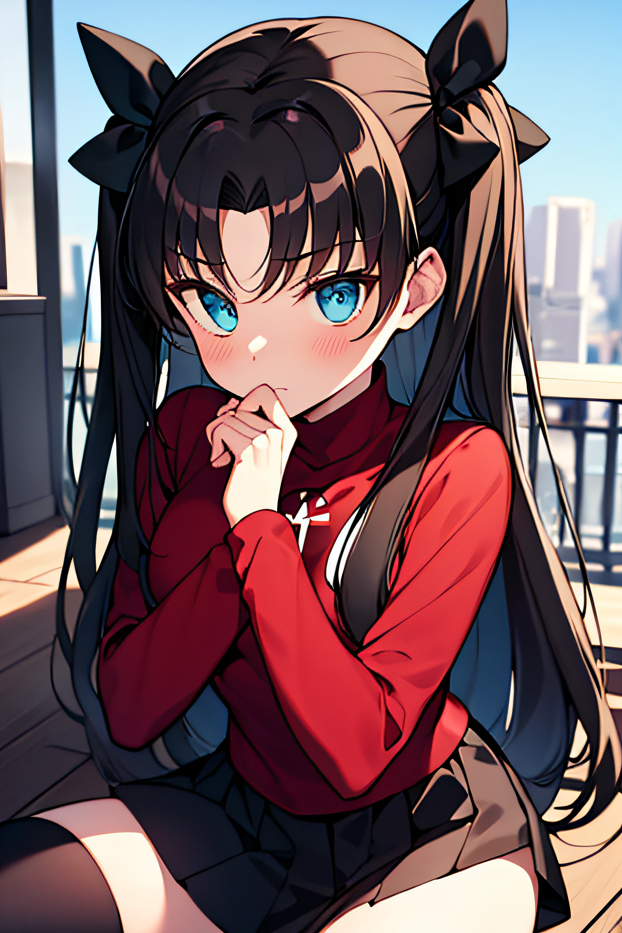 (masterpiece), best quality, expressive eyes, perfect face, 1girl, solo, rintohsaka, rin tohsaka, aqua eyes, black hair, hair ribbon, long hair, ribbon, sidelocks, two side up, black skirt, black thighhighs, long sleeves, miniskirt, pleated skirt, ((red sweater)), skirt, sweater, thighhighs, turtleneck, city background, sitting, character sheet, upper body, portrait, looking at viewer