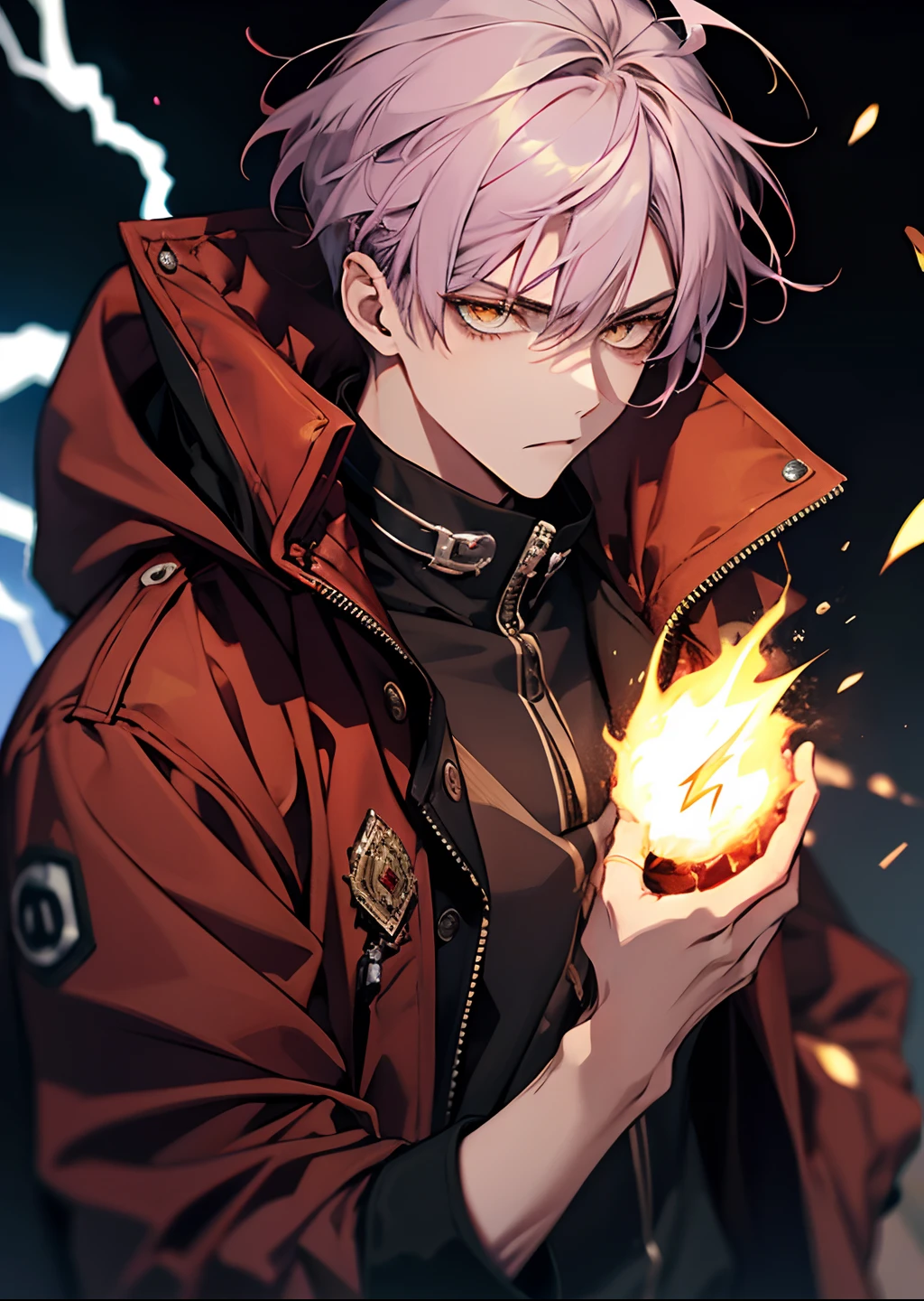 1 boy 20 years old, aura, Bilibili, Black_Background, Yellow_Eyes, Blue_fire, Blurry, cigarette, purple hair, angry, coat, krystal, electricity, energy, blazing, _Bland_Eyes, high_Collar, Holding, Holding_cigarette, Lightning, long_sleeves, up looking_で_viewer, Magic, Man's_Focus, Black_and_Red_coat, It features a simple_Background, Solo, The upper part of the body_Body, white_