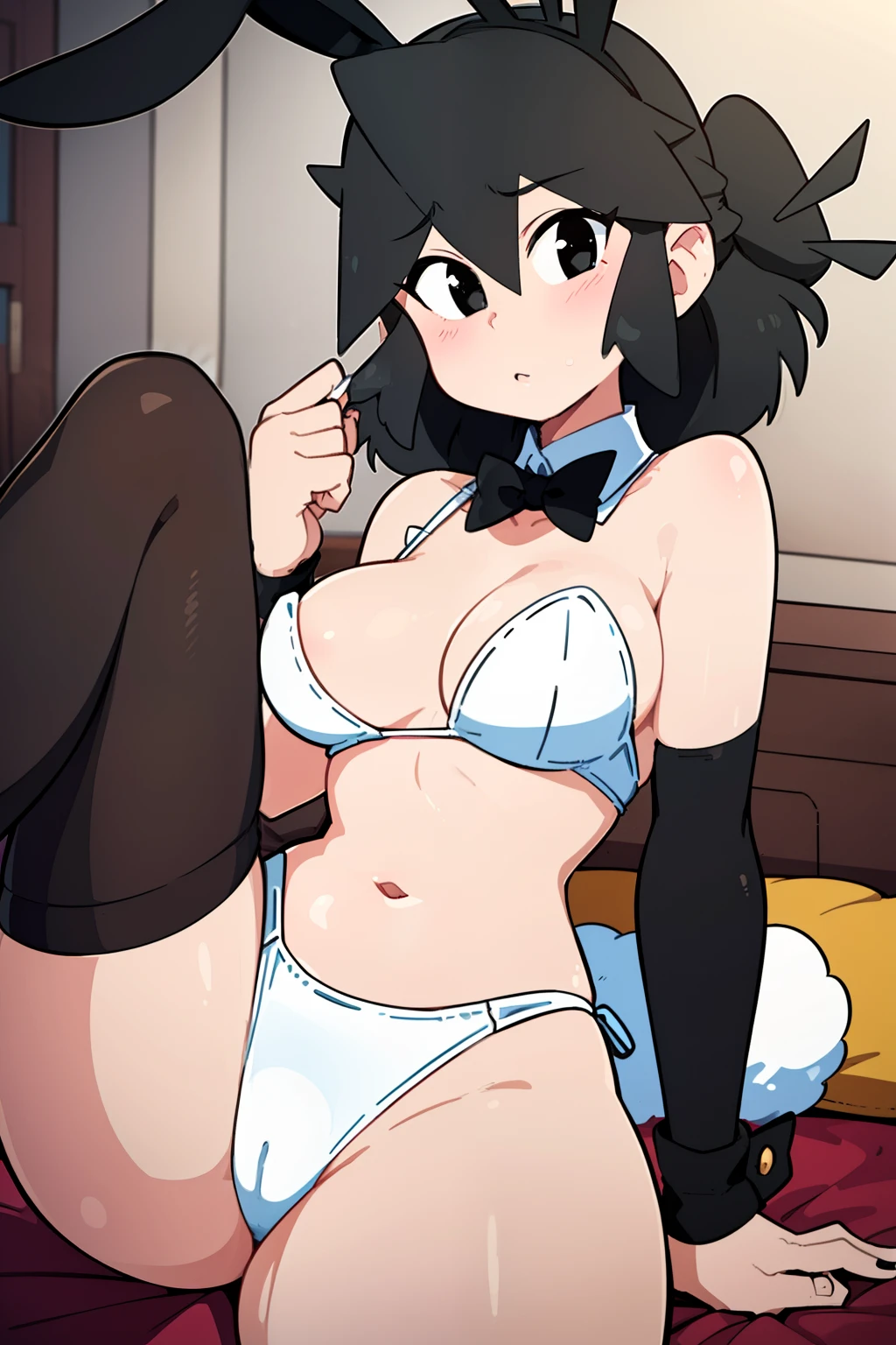 (masterpiece, best quality, ultra-detailed), 1girl, black hair, black eyes, medium ,looking at viewer, bunnygirl suit, bunny ears