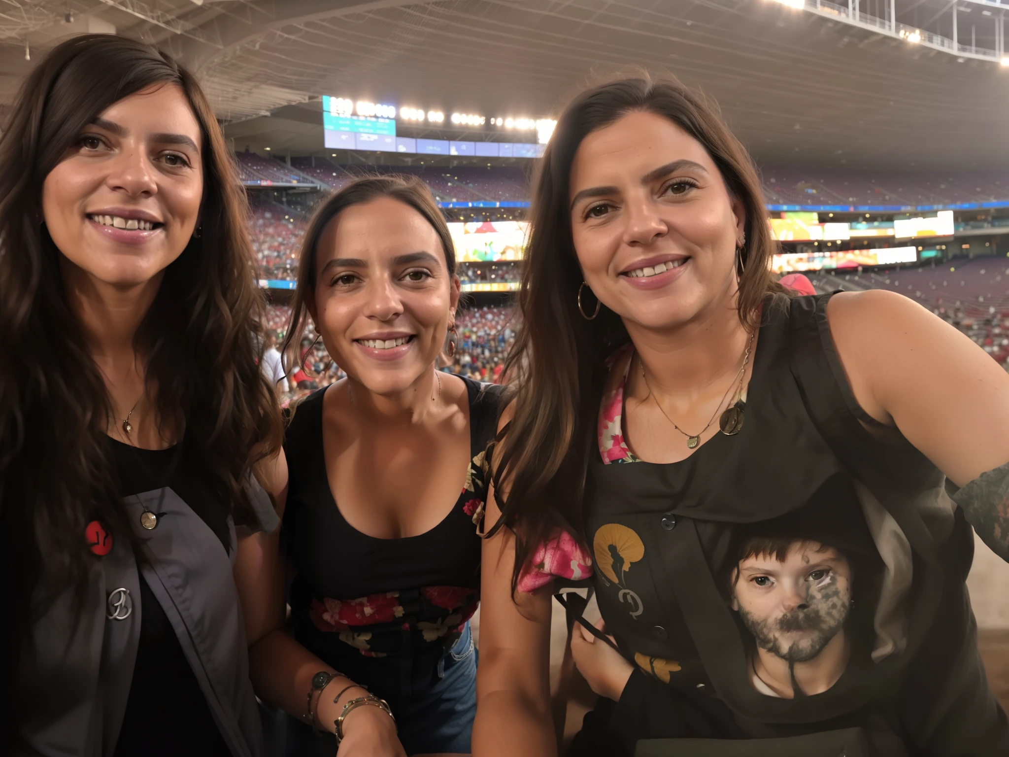 Three women are posing for a photo at a baseball game, In Sao Paulo, foto de perfil, imagem de perfil, foto do perfil, Fotografia tirada em 2 0 2 0, scorpions, clusivo, vestindo camisas, sao paulo, divertindo-se, imagem do avatar, Olhando para os lados, parecendo feliz, virados para os lados, Foto tirada em 2018,