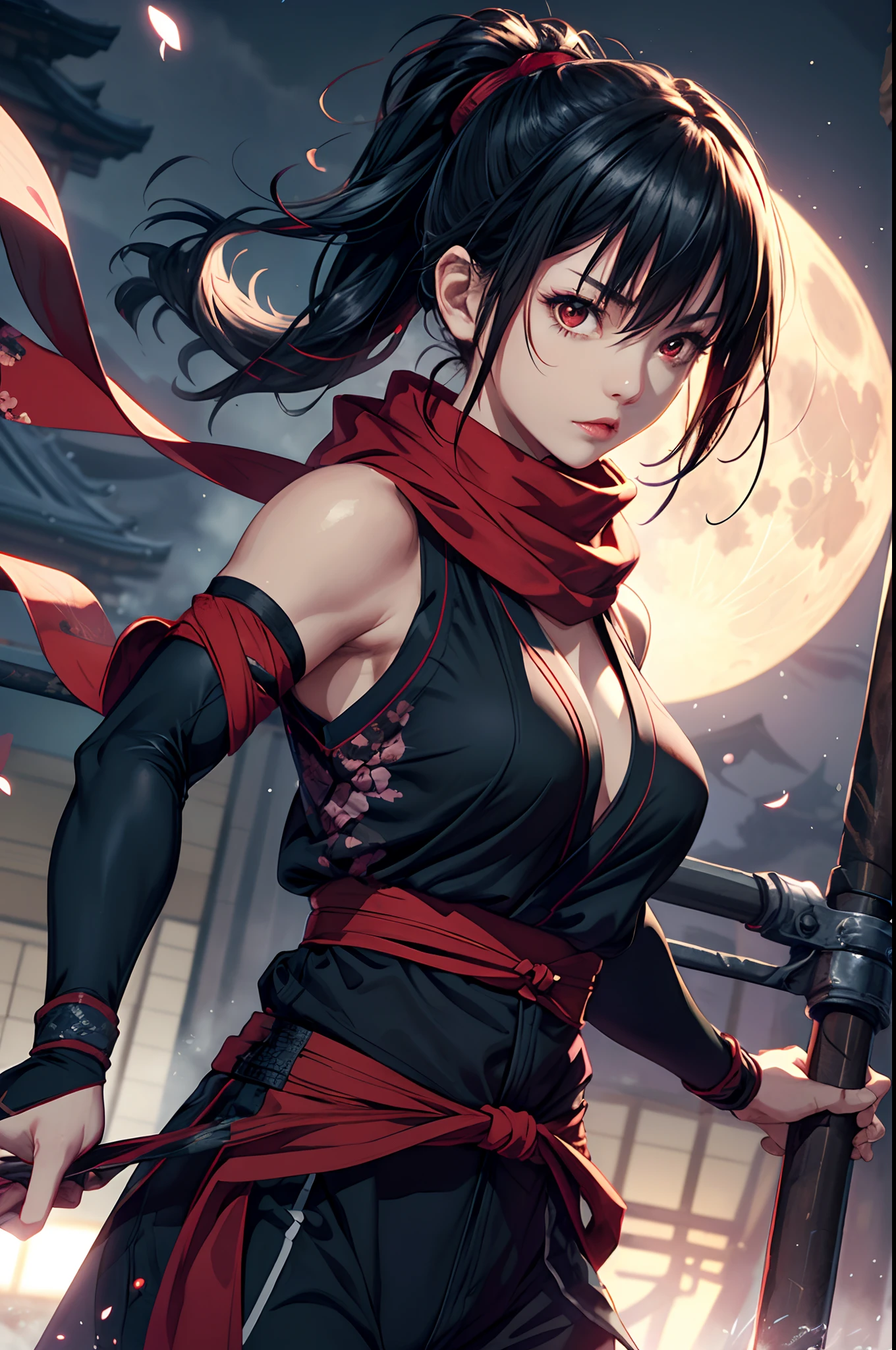 1girl in,A girl wearing a Kendo uniform and holding a bamboo sword,Very cute,black smooth ponytail,Accurately drawn face,Slender but big breasts,anatomically correct cleavage,perfectly proportions,Precise fingers,Kendo bodice has an open chest and you can see the cleavage..,Accurate depiction of bamboo sword,photorealisim,​masterpiece,hiquality,