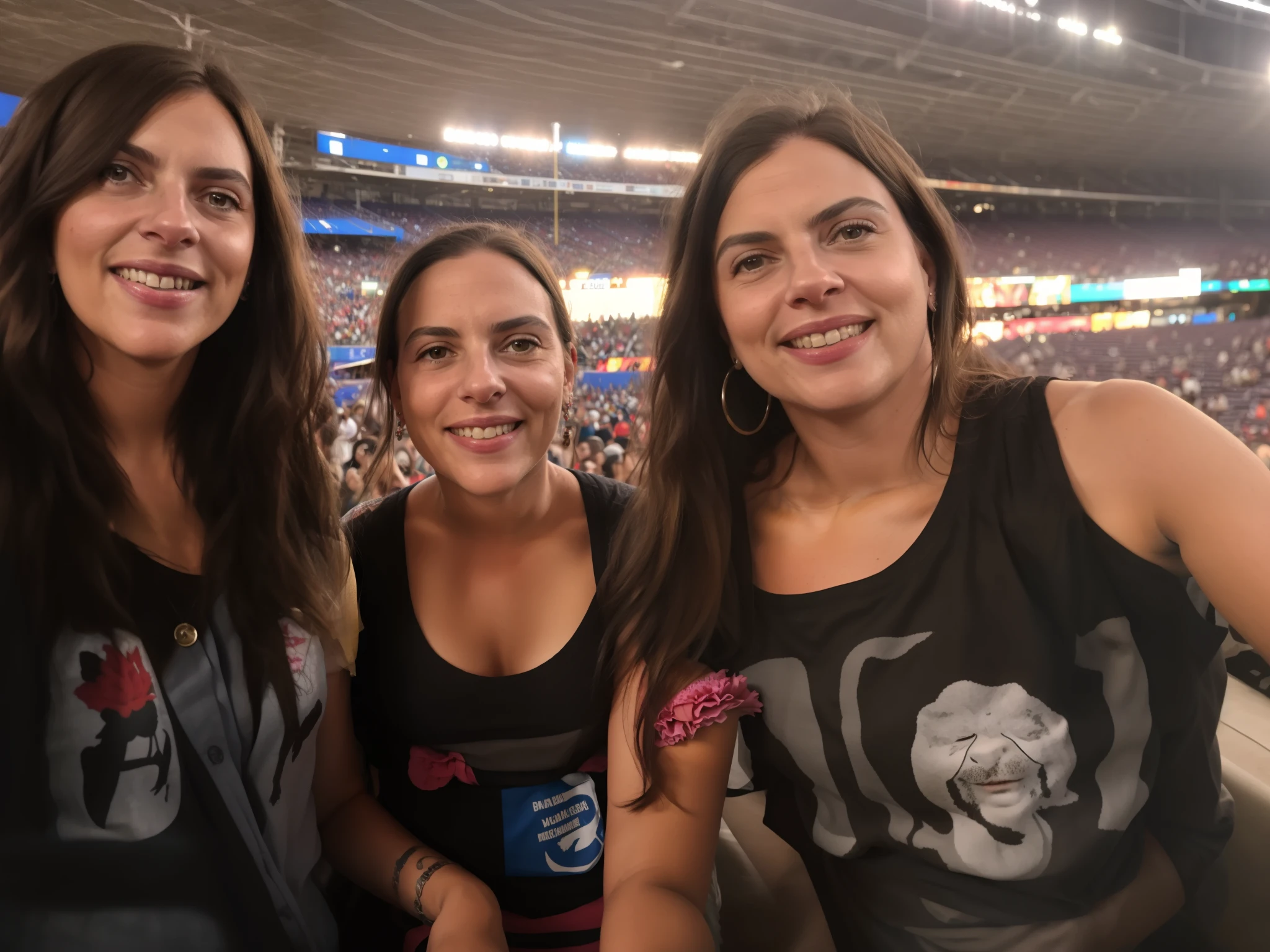 Three women are posing for a photo at a baseball game, In Sao Paulo, foto de perfil, imagem de perfil, foto do perfil, Fotografia tirada em 2 0 2 0, scorpions, clusivo, vestindo camisas, sao paulo, divertindo-se, imagem do avatar, Olhando para os lados, parecendo feliz, virados para os lados, Foto tirada em 2018,