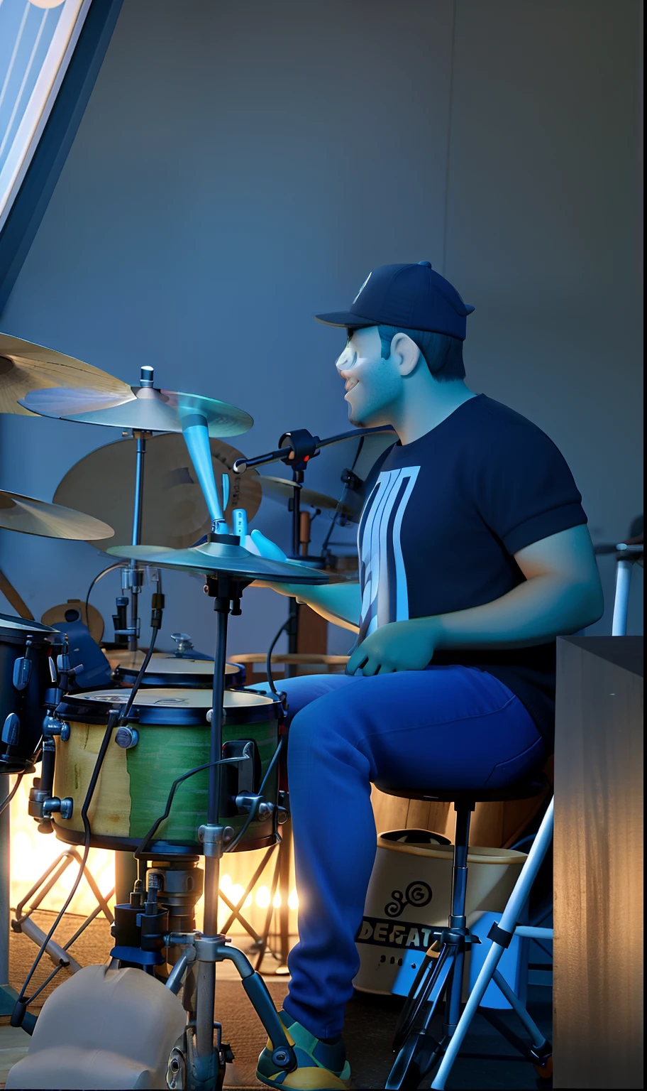estilo pixar: baterista sorrindo e tocando,