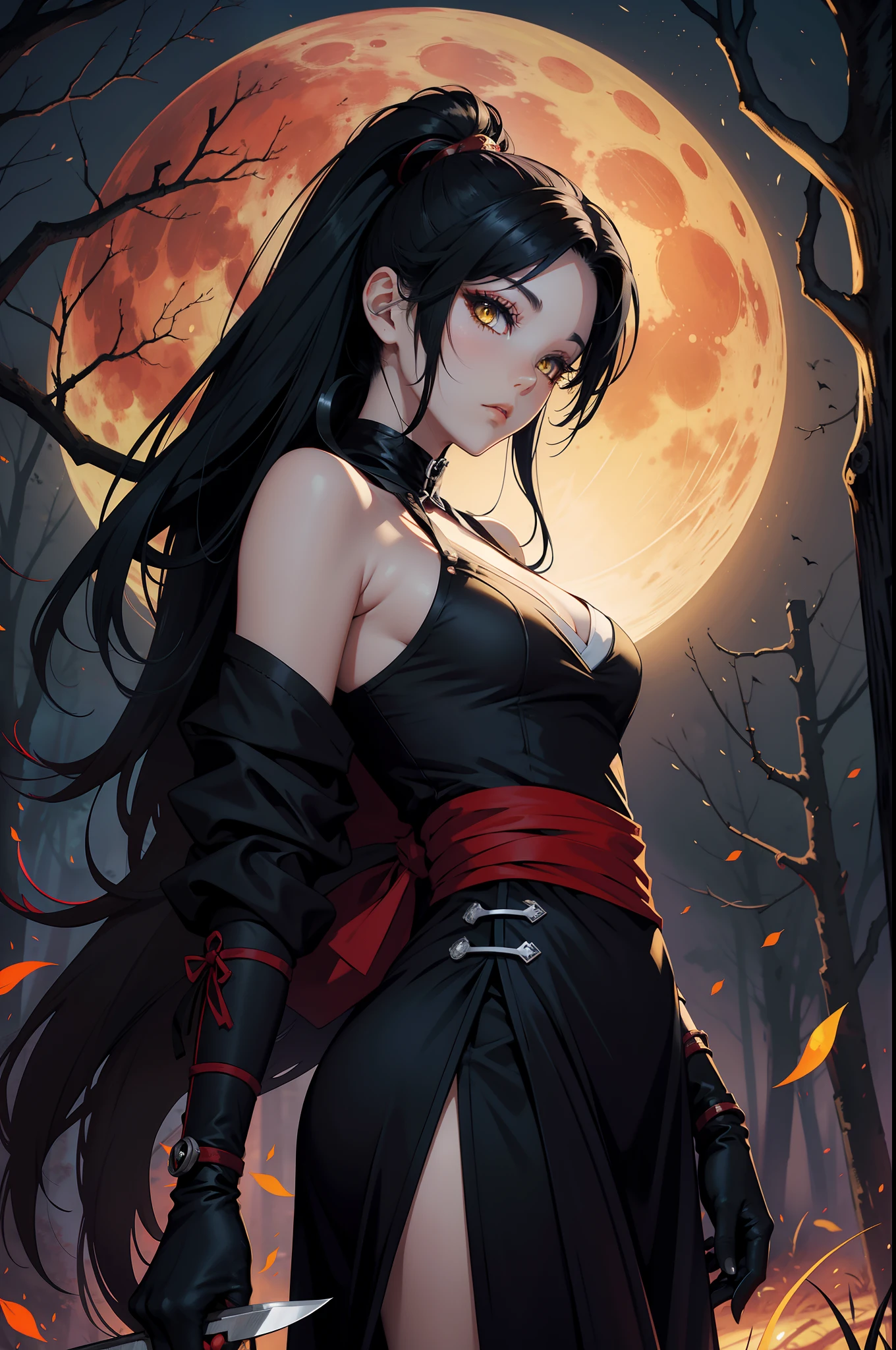 ninjartist lunar eclipse the woods knifes Long black hair Yellow eyes Beautuful Women