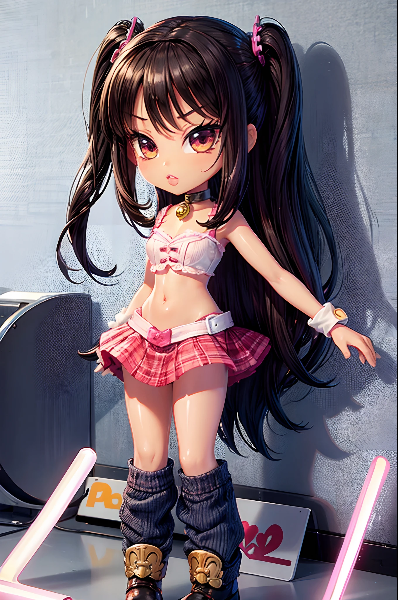 masterpiece, best quality, highres, hs1, light purple eyes, wide hips, thick thighs, long sleeve shirt, midriff, light brown hair, cleavage, long hair, half updo, asymmetrical bangs, streaky hair, pink shirt, black thighhighs, micro skirt, legs apart, plaid skirt, red ribbon, huge breasts, bowtie, indoors, cowboy shot, panties, from below, smile, looking at viewer, thick thighs, jirai kei, window, plant, headphones, (succubus horns), necklaces, ear piercings, bracelets