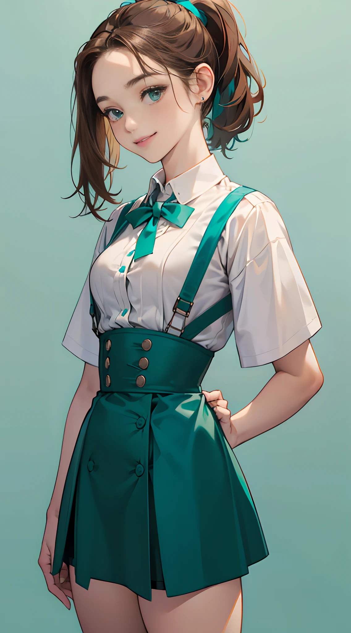 1womanl,ar old,wn hair,Beautiful ponytail hairstyle, (Teal High Waist Skirt:1.3),, (whiteshirt:1.3), (double-breasted,Underbust:1.2), Short sleeves, buttonGap,A smile,small tits,suspenders,