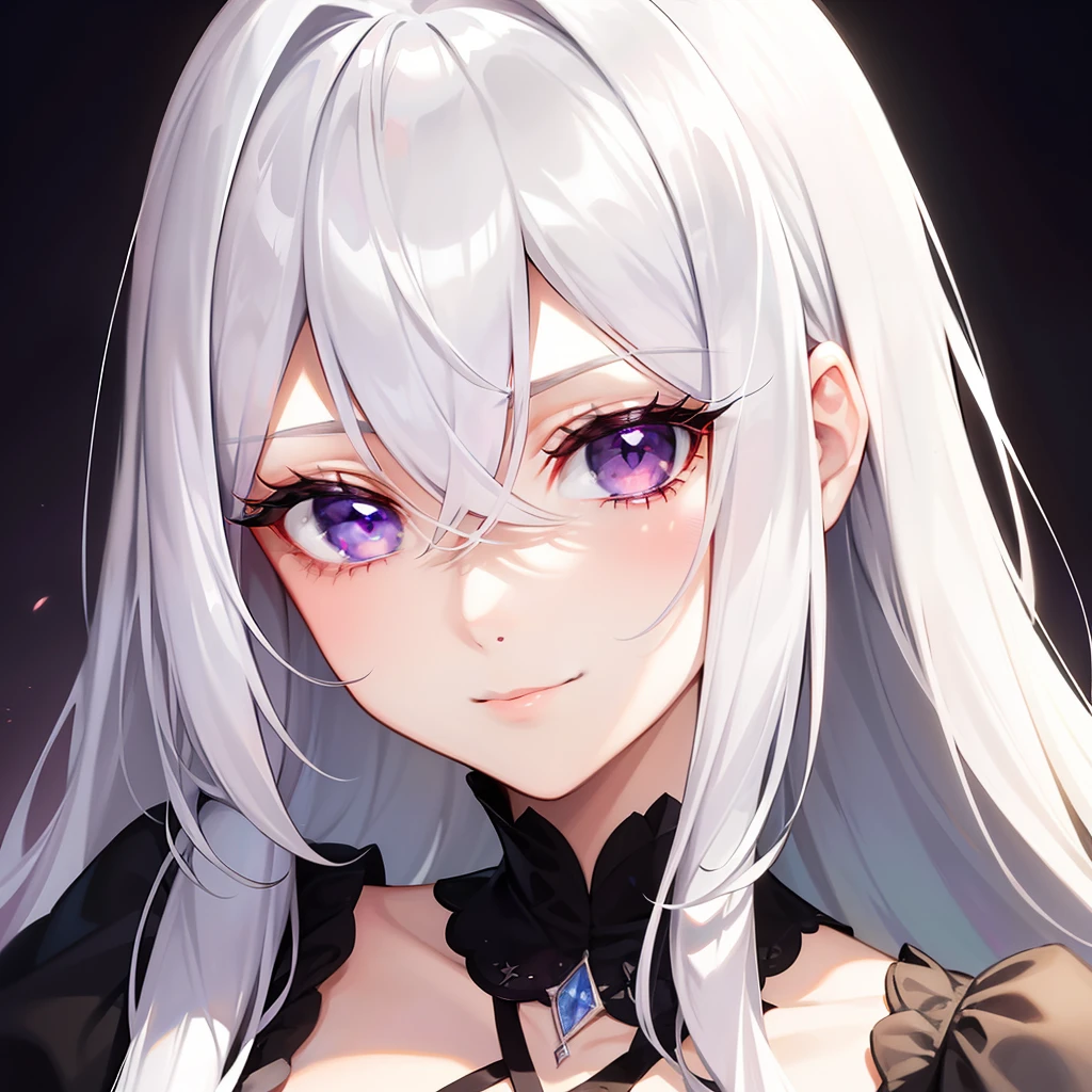 A pretty beautiful lady, with deep violet eyes and long white hair, peeking at you with a smirk, a human, close up