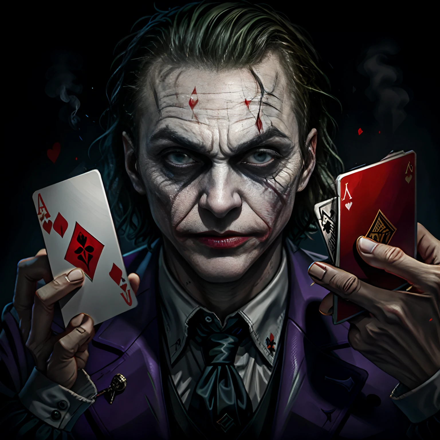 first person,The Joker holds two Joker cards in his hand,Background bokeh,tmasterpiece,Hyper Real