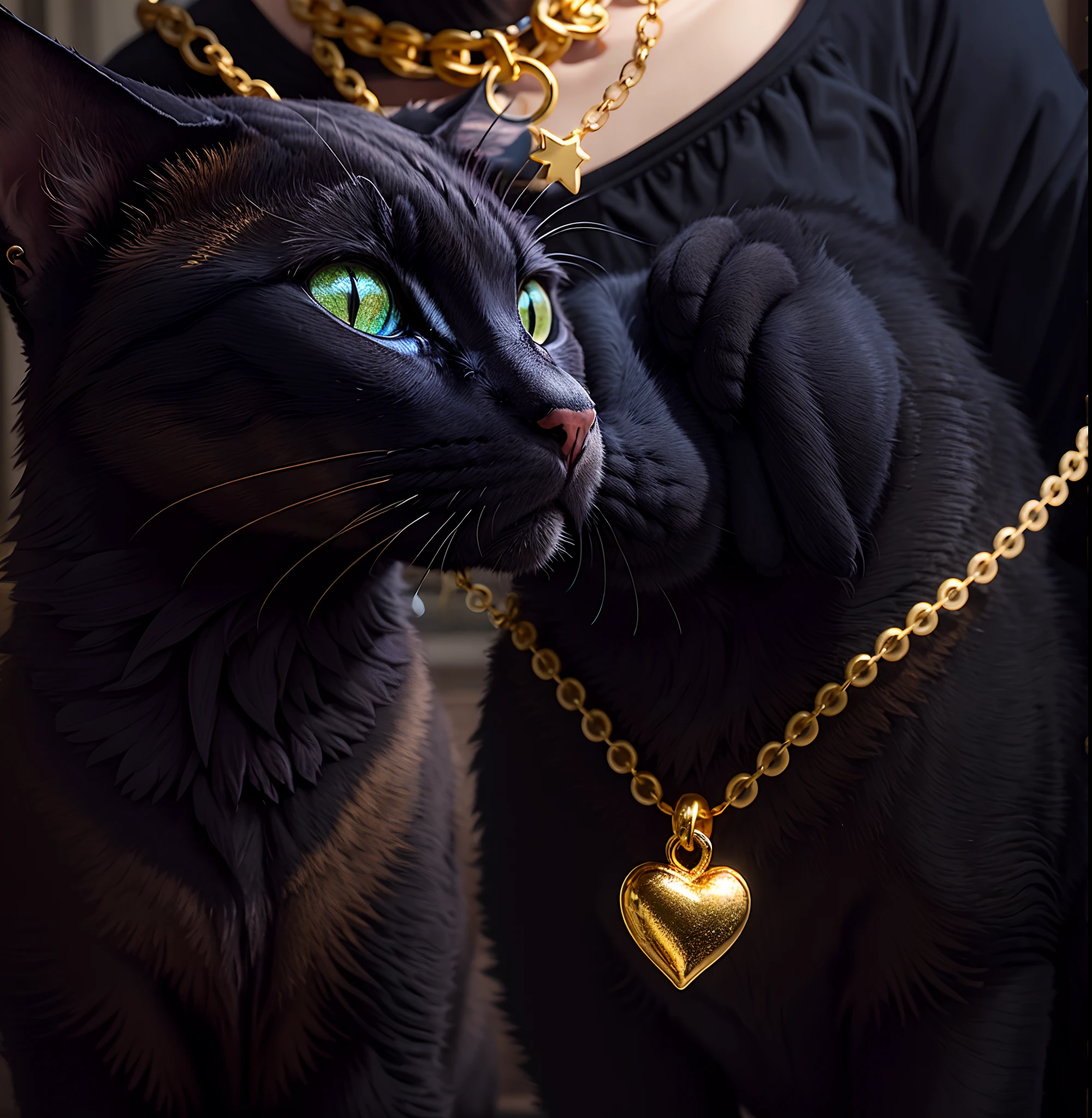 Black cat wearing a gold chain necklace