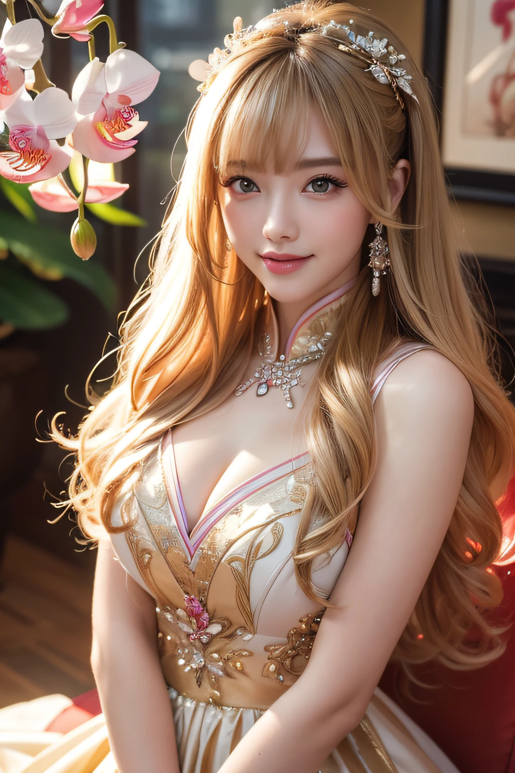 (CG 8k wallpaper extremely detailed, masutepiece, Best Quality, Ultra-detailed), (better lighting, better shadows, Extremely delicate and beautiful), floating, High color saturation, Dynamic Angle, ((1girl in)), Gorgeous, Ning Guang(Orchid Evening Dresses) Blonde hair, Black eyes, Very long hair, Hair Ornament, Bangs、With smiling eyes、masterpiece, top-quality, The ultra -The high-definition, hight resolution