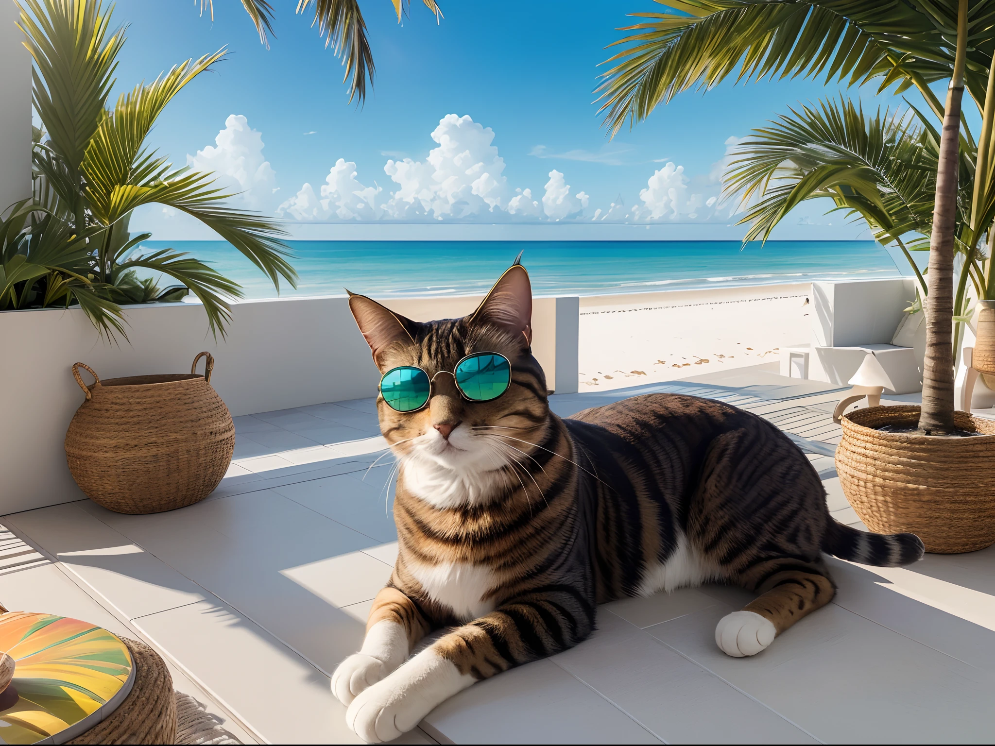 Intriguing cat with fashionable sunglasses lounging on the rooftop while enjoying a beach vacation. Astonishingly detailed eyes and face, with long eyelashes and intricate whiskers. The cat exudes an air of coolness and relaxation. The sunglasses are trendy, complementing the cat's style perfectly. The rooftop setting offers a unique and elevated perspective, adding depth and intrigue to the scene.
The medium is a realistic oil painting, giving it a classic yet vibrant feel. The brushstrokes are visible, adding texture to the artwork. The painting captures the cat's essence, highlighting its unique features and vibrant personality.
The additional details include a colorful beach scene in the background, complete with palm trees, clear blue skies, and sandy shores. The beachside ambiance is palpable, creating a sense of tranquility and summertime joy. The cat's fur is meticulously painted, showcasing its softness and shine. The rooftop is adorned with potted plants and cozy furniture, creating a comfortable and stylish environment.
The image quality is top-notch, with the highest resolution (best quality, 4k, 8k, highres, masterpiece:1.2). Every detail is sharp and meticulously rendered to capture the cat's intricate features and vibrant surroundings. The lighting is carefully crafted, with studio lighting techniques enhancing the cat's appearance and creating a sense of depth and dimension. The colors are vivid and vibrant, evoking a feeling of warmth and happiness.
Overall, this prompt generates a stunning image of a fashionable cat enjoying a beach vacation on a rooftop. The intricate details, realistic painting style, and vibrant colors make it an eye-catching and delightful artwork.