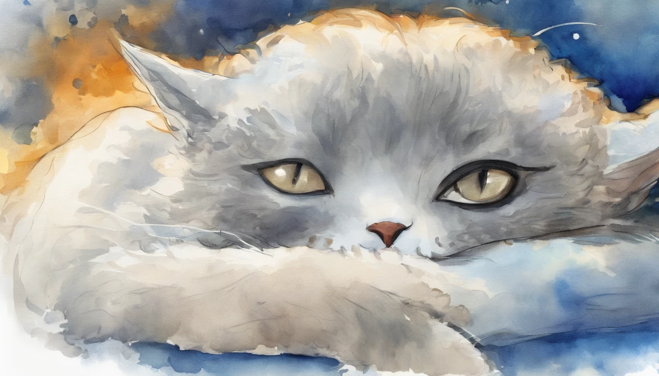 Light grey cat reluxing and sleeping happily on a blue bed Flooded with sunlight Warm colors watercolor paitin