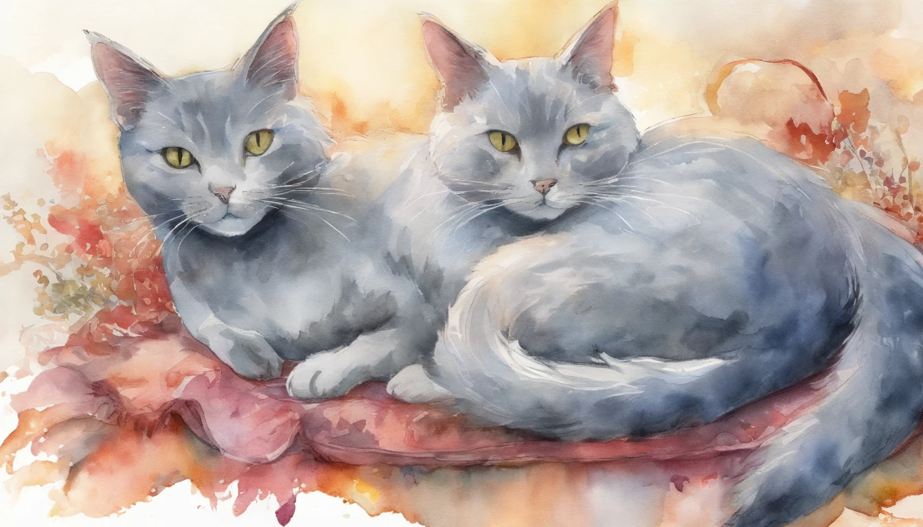 Light grey cat reluxing and sleeping happily on a blue bed 　Flooded with sunlight　Warm colors 　watercolor paitin