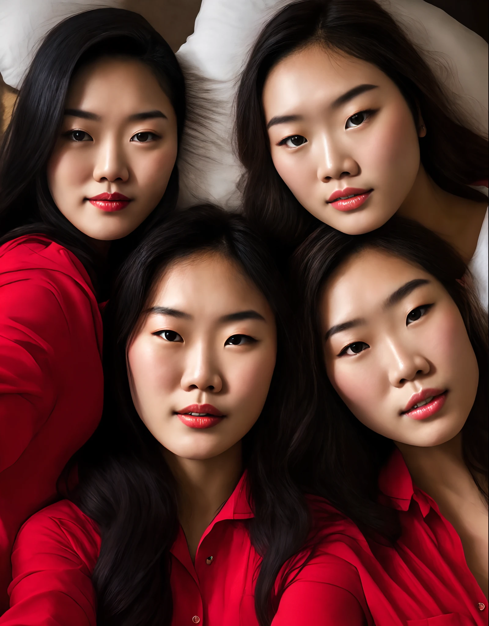 A teen asian girl laying in her bed taking a selfie in dark lighting , 2 7 years old, asian face, without makeup, 2 8 years old, she is looking above the camera, a young asian woman, 2 9 years old, detailed face of a asian girl, 4k selfie photograph, 🤤 girl portrait, 20 years old woman, 2 0 years old woman, she is wearing a black t shirt with a red pajama pants, close up view,