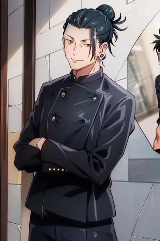 1 man, Getou, looking left side, smile, short fur, black hair, tall, 1st year, closed mouth, standing, jacket, upper body, Male focus, inside, hair bun, brown eyes, pants wide black, piercing, single hair bun, ear piercing, Gakuran, hair pulled back, master piece