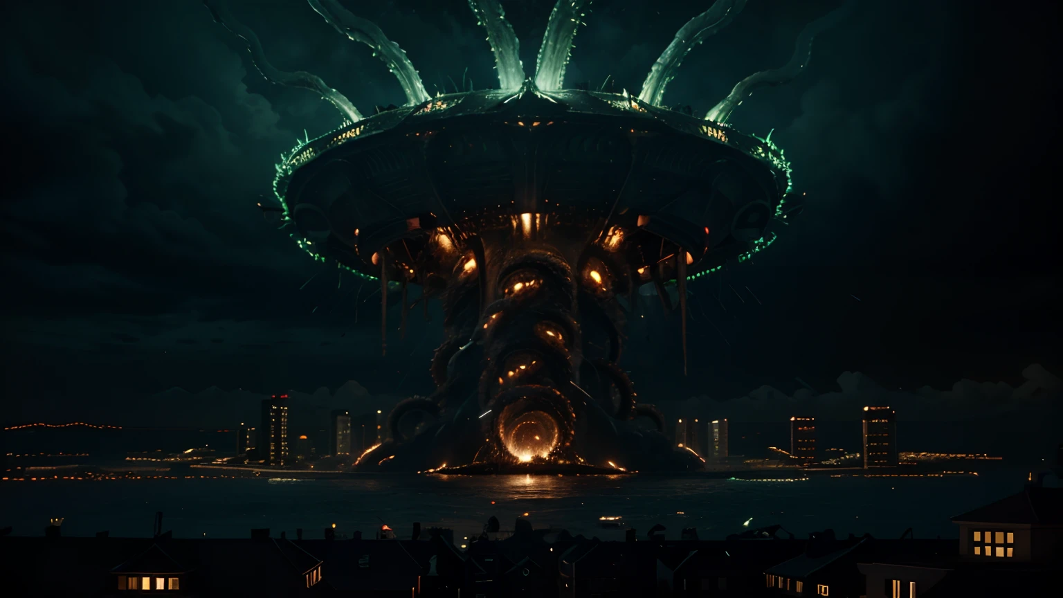 Elder god destroying city, sprouting tentacles, impaling people, high resolution, 8k