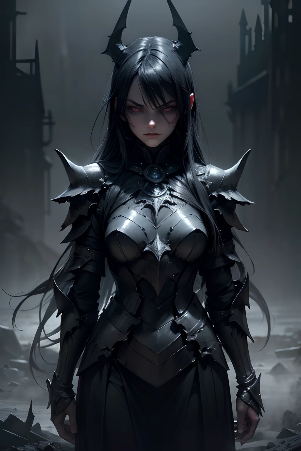 1girl, horror, (dark grey skin:1.5), true white long ponytail, ((perfect red eyes)), pointed ears, earrings, highly detailed mechanical horns, (small breasts), ((black gothic prom dress)), wearing black fur cloak, bone armor, skull armor, volumetric lighting, ethereal fog, dark background, ultrasharp, best quality, masterpiece, realistic, anatomically correct, (strong cinematic lighting), ((rim lighting)), stunning details, intricate details, 8k post-production, high resolution, super details, sharp focus, depth of field f/1.8, studio photos, (((looking at camera)))