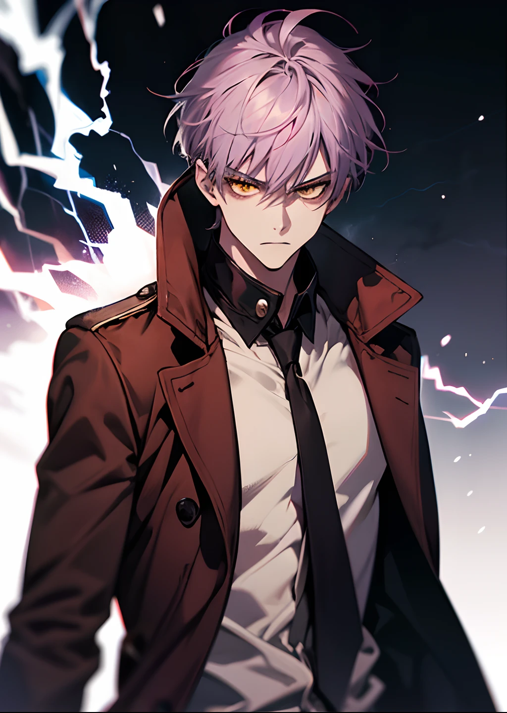 1 boy 20 years old, aura, Bilibili, Black_Background, Yellow_Eyes, Blue_fire, Blurry, cigarette, purple hair, angry, coat, krystal, electricity, energy, blazing, _Bland_Eyes, high_Collar, Holding, Holding_cigarette, Lightning, long_sleeves, up looking_で_viewer, Magic, Man's_Focus, Black_and_Red_coat, It features a simple_Background, Solo, The upper part of the body_Body, white_