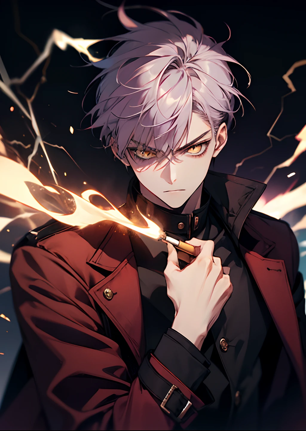 1 boy 20 years old, aura, Bilibili, Black_Background, Yellow_Eyes, Blue_fire, Blurry, cigarette, purple hair, angry, coat, krystal, electricity, energy, blazing, _Bland_Eyes, high_Collar, Holding, Holding_cigarette, Lightning, long_sleeves, up looking_で_viewer, Magic, Man's_Focus, Black_and_Red_coat, It features a simple_Background, Solo, The upper part of the body_Body, white_