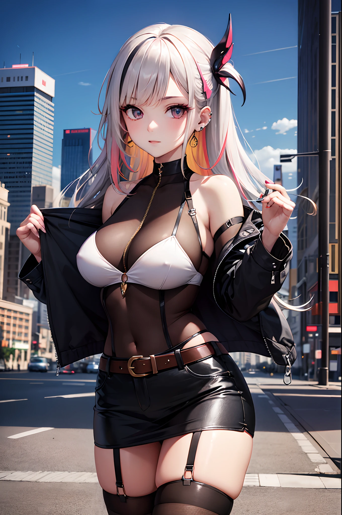 1girl, absurdres, high res, extremely detailed ultrasharp, 8K, masterpiece, city background, looking at viewer, human, thighs, breasts, big breasts, sideboob, long hair, multicolored hair, makeup, hair ornament, shirt, open jacket, miniskirt, belt, garter straps, ear piercings, straps, hair ornament, transparent