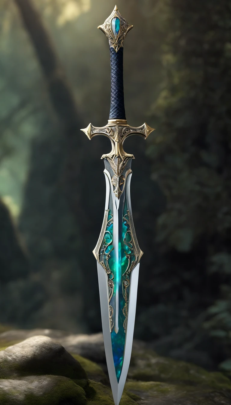 Excalibur, Delicate sleeves, The sword body is exquisite，well decorated,（((The blade is designed with a pattern in the form of blue opal and light green grain effect..：1.3))), Se, (The sword body is symmetrically decorated:1.3), (The entire Excalibur blade is centered:1.3), Mid-range close-up,（General silhouette:1.3),（Fantastic landscape painting:1.2), Ultra Realistic Photo, super-fine, 8K, Premium wallpapers, Highest image quality, ..。.。...。.。.。.3D,C4D, tmasterpiece, rendering by octane, A spear made of rune craft and Yggdrasil bark, Odin's Spear, Holding a spear,