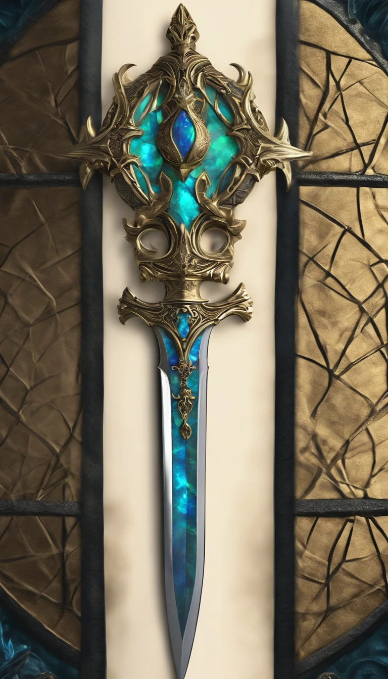 Excalibur, Delicate sleeves, The sword body is exquisite,well decorated,(((The blade is designed with a pattern in the form of blue opal and light green grain effect..:1.3))), Se, (The sword body is symmetrically decorated:1.3), (The entire Excalibur blade is centered:1.3), Mid-range close-up,(General silhouette:1.3),(Fantastic landscape painting:1.2), Ultra Realistic Photo, super-fine, 8K, Premium wallpapers, Highest image quality, ..。.。...。.。.。.3D,C4D, tmasterpiece, rendering by octane, A spear made of rune craft and Yggdrasil bark, Odin's Spear, Holding a spear,