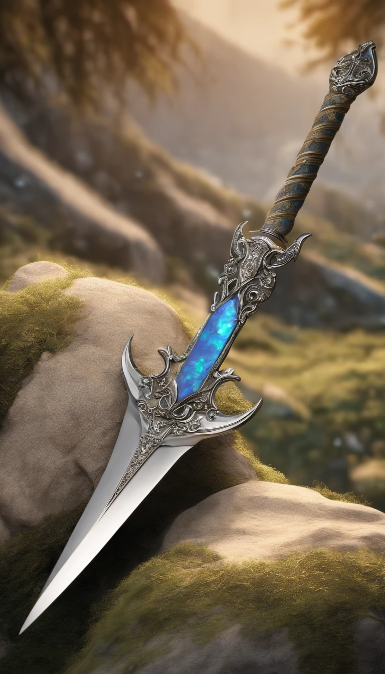Excalibur, Delicate sleeves, The sword body is exquisite,well decorated,(((The blade is designed with a pattern in the form of blue opal and light green grain effect..:1.3))), Se, (The sword body is symmetrically decorated:1.3), (The entire Excalibur blade is centered:1.3), Mid-range close-up,(General silhouette:1.3),(Fantastic landscape painting:1.2), Ultra Realistic Photo, super-fine, 8K, Premium wallpapers, Highest image quality, ..。.。...。.。.。.3D,C4D, tmasterpiece, rendering by octane, A spear made of rune craft and Yggdrasil bark, Odin's Spear, Holding a spear,
