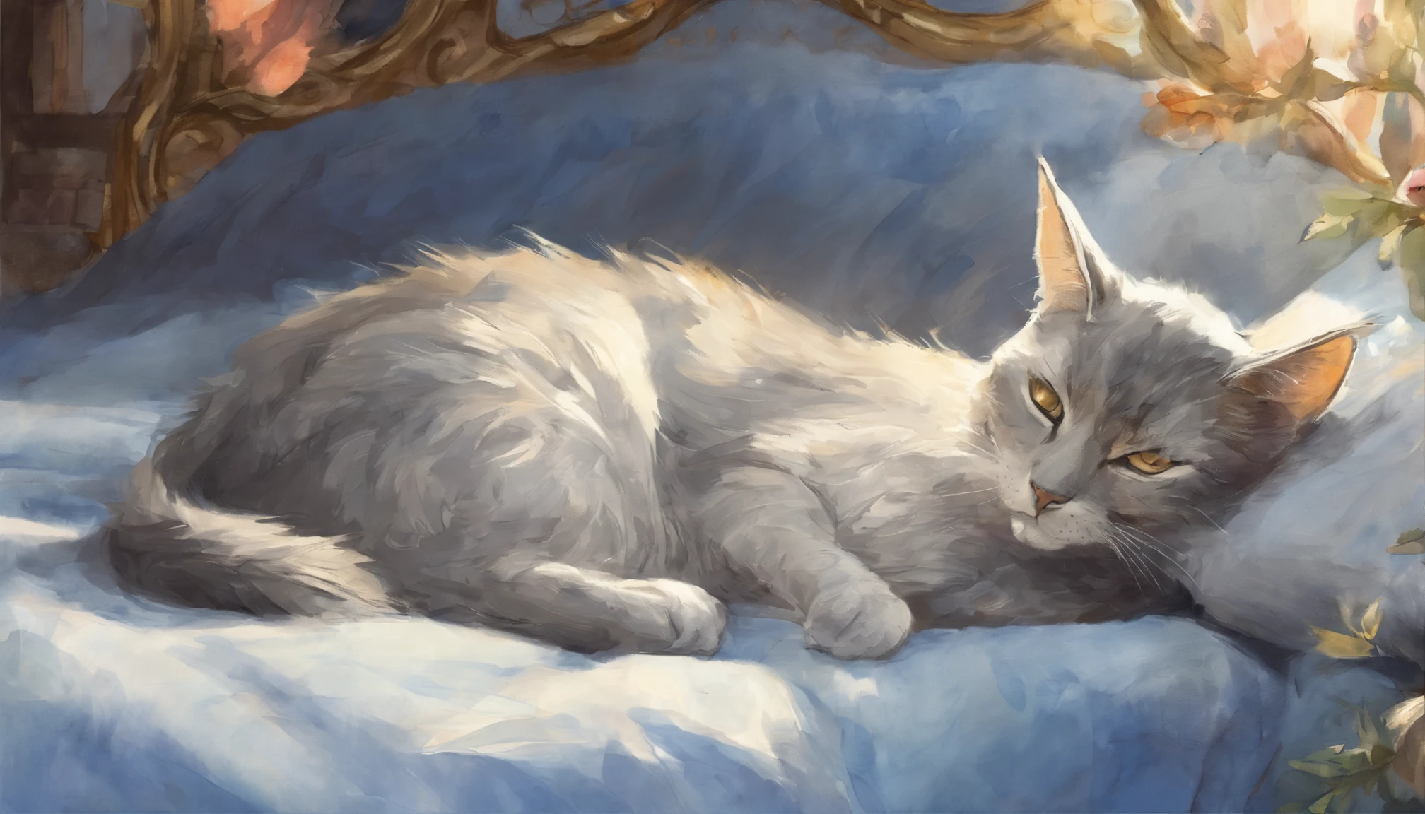 Light grey cat reluxing and sleeping happily on a blue bed 　Flooded with sunlight　Warm colors 　watercolor paitin