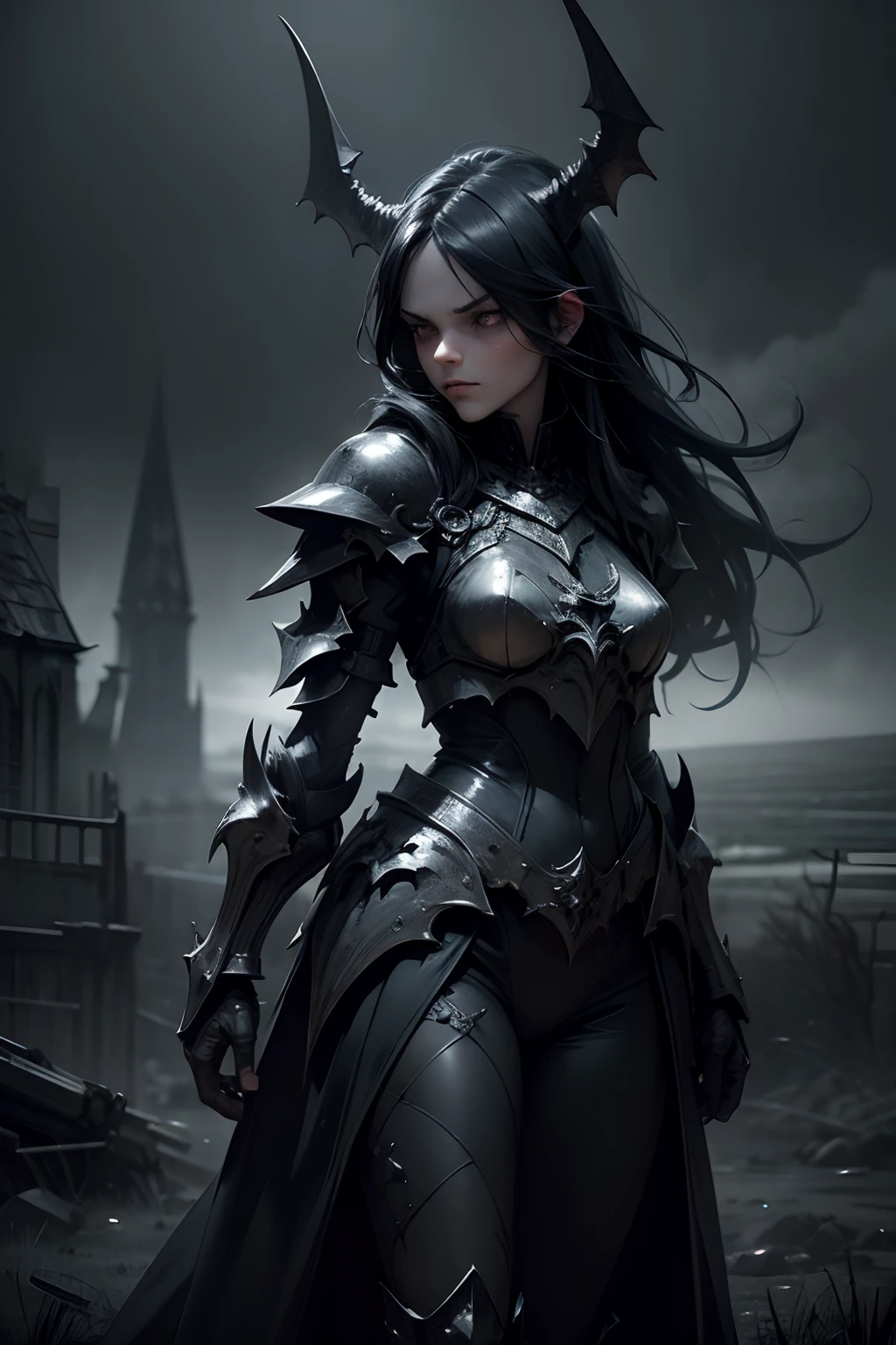 (best quality,ultra-detailed,realistic:1.37),Nightmare Knight Girl,creepy,dark,gothic,evil,haunting,ominous,ominous lighting,detailed armor,fierce warrior,glowing eyes,long flowing hair,deadly weaponry,misty atmosphere,dark shadows,mysterious background,moonlight,ethereal beauty,desolate landscape,intense expression,spooky atmosphere,cold breath,pale skin,ominous silhouette,vivid colors