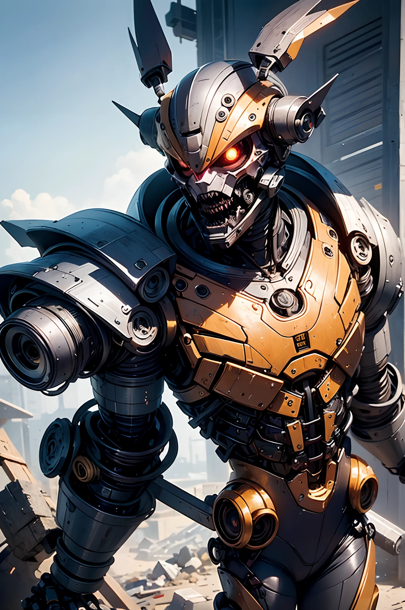 A fantz monster design,  Cute robot in the middle of the garbage heap [style-rustmagic]，Female android man，Half-human, half-robot，