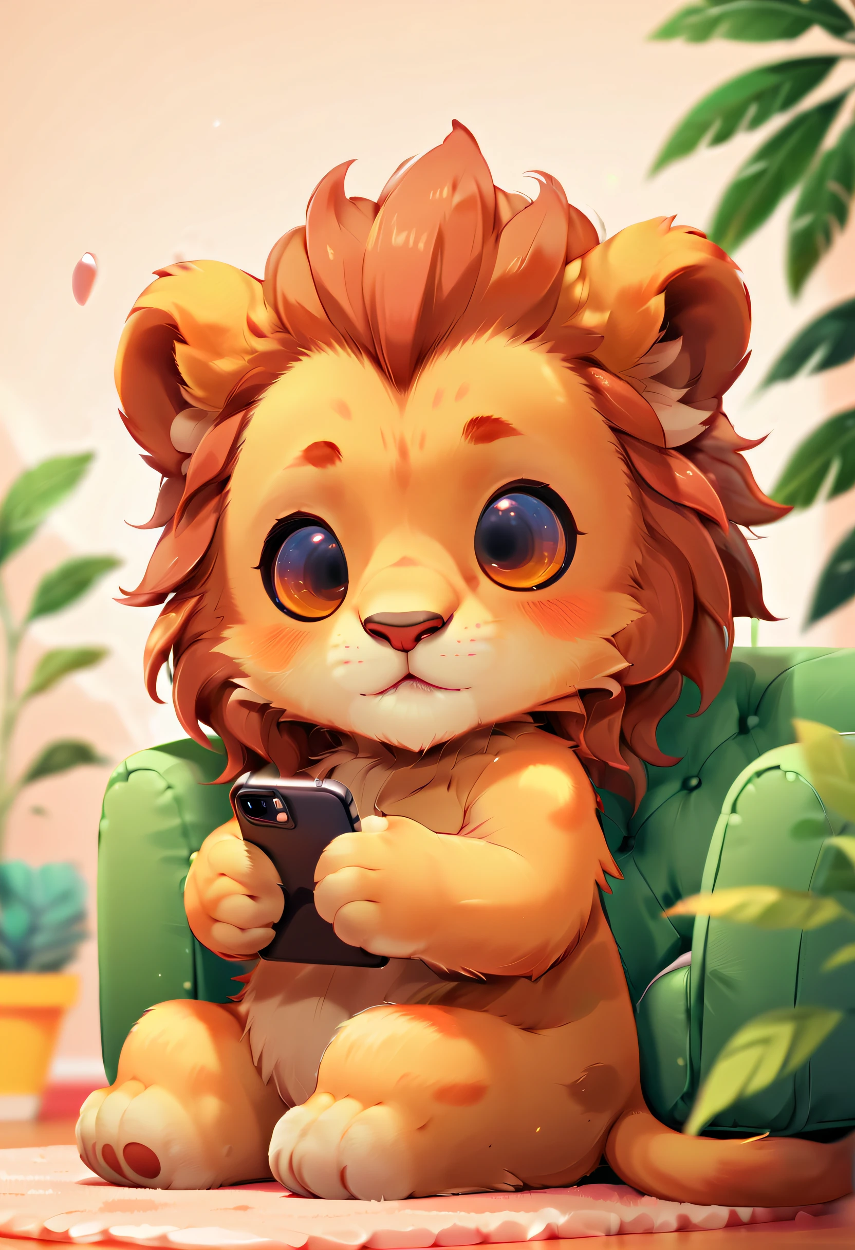 A cute lion cub is lying on the couch playing with his phone, A design style with creative features,illustration,Cute avatar,bold lines and solid colors,Minimalist