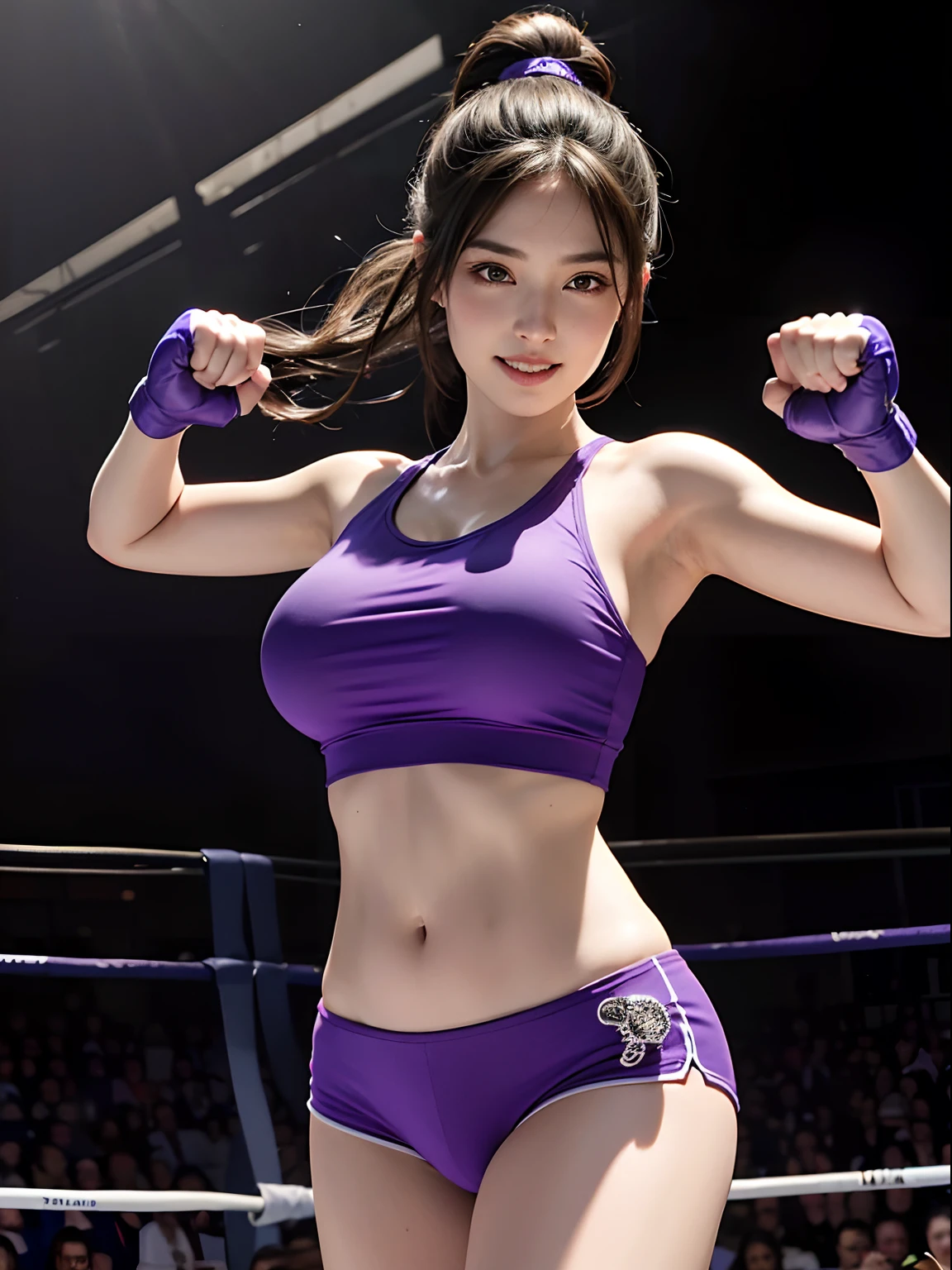 (Masterpiece:1.3), (Best Quality:1.2), (Intricate Detailed:1.2), (Hyper Realistic:1.2), (Professional Photography:1.1), High Detail, Illustration,..., Scenery, Detailed Background, Blur background, Spotlight, Incredibly realistic and beautiful images of a girl in a purple tank top......................, purple shorts, normal breasts, Black and white tattoo with a star on the body, Black twin tail hairstyle, Special star tattoo on women's shoulders, With the highest quality of detail and shading........ .........,,Natural light,The backdrop is a boxing ring...................,Sacks,Fighting gloves, smile sneaky., Doing an uppercut punch....,Dynamic poses, ring, fire light, Night view, (fantasy:1.2), Looking at the audience, Dynamic angle shot,