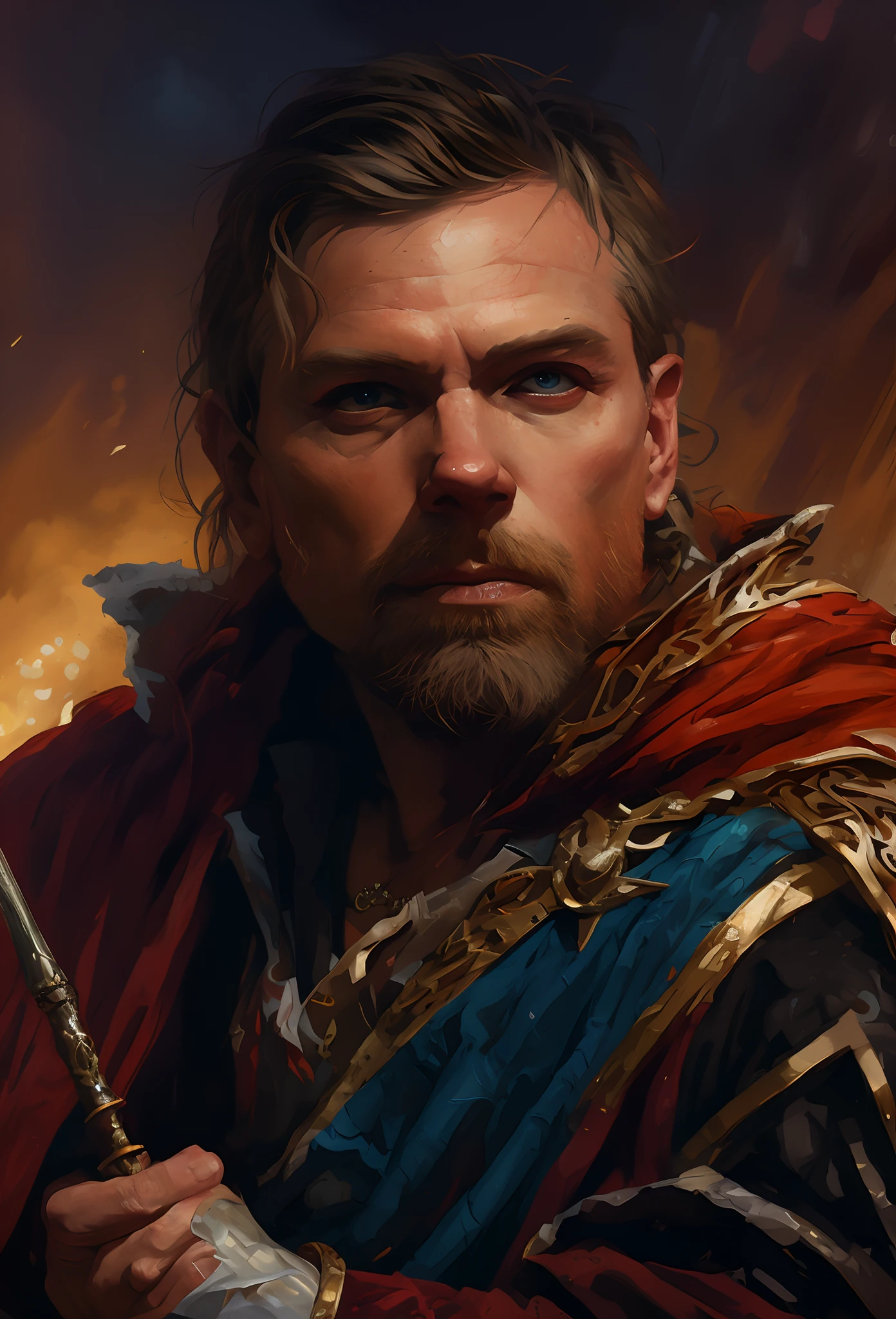 pintura de um homem com uma espada e uma capa vermelha, RPG retrato arte conceitual, Directed by: Roman Bezpalkiv, RPG_retrato, epic RPG portrait, epic fantasy art portrait, retrato de arte conceito de fantasia, retrato do personagem da fantasia, Directed by: Karl Kopinski, Directed by: Tomasz Jedruszek, Tuomas Korpi e Wlop, Pintado por Andreas Rocha