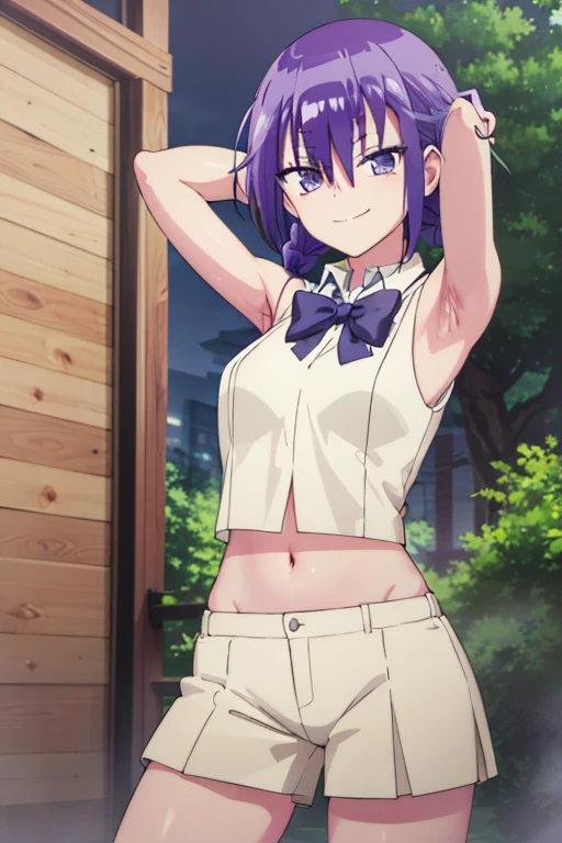 (extremely detailed CG unity 8k wallpaper), (masterpiece), (best quality), (ultra-detailed), (best illustration), (best shadow), (absurdres), 1girl, solo, kominami asumi, shirt, sleeveless, bowtie, purple bowtie, hair between eyes, looking at viewer, smile, smirk, night, forest,  arms behind head, spread armpits, midriff, contrapposto, cowboy shot,