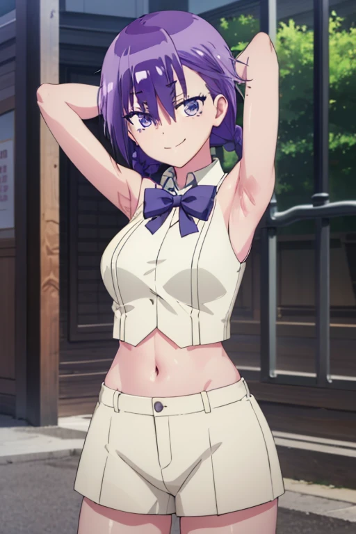 (extremely detailed CG unity 8k wallpaper), (masterpiece), (best quality), (ultra-detailed), (best illustration), (best shadow), (absurdres), 1girl, solo, kominami asumi, shirt, sleeveless, bowtie, purple bowtie, hair between eyes, looking at viewer, smile, smirk, night, forest,  arms behind head, spread armpits, midriff, contrapposto, cowboy shot,