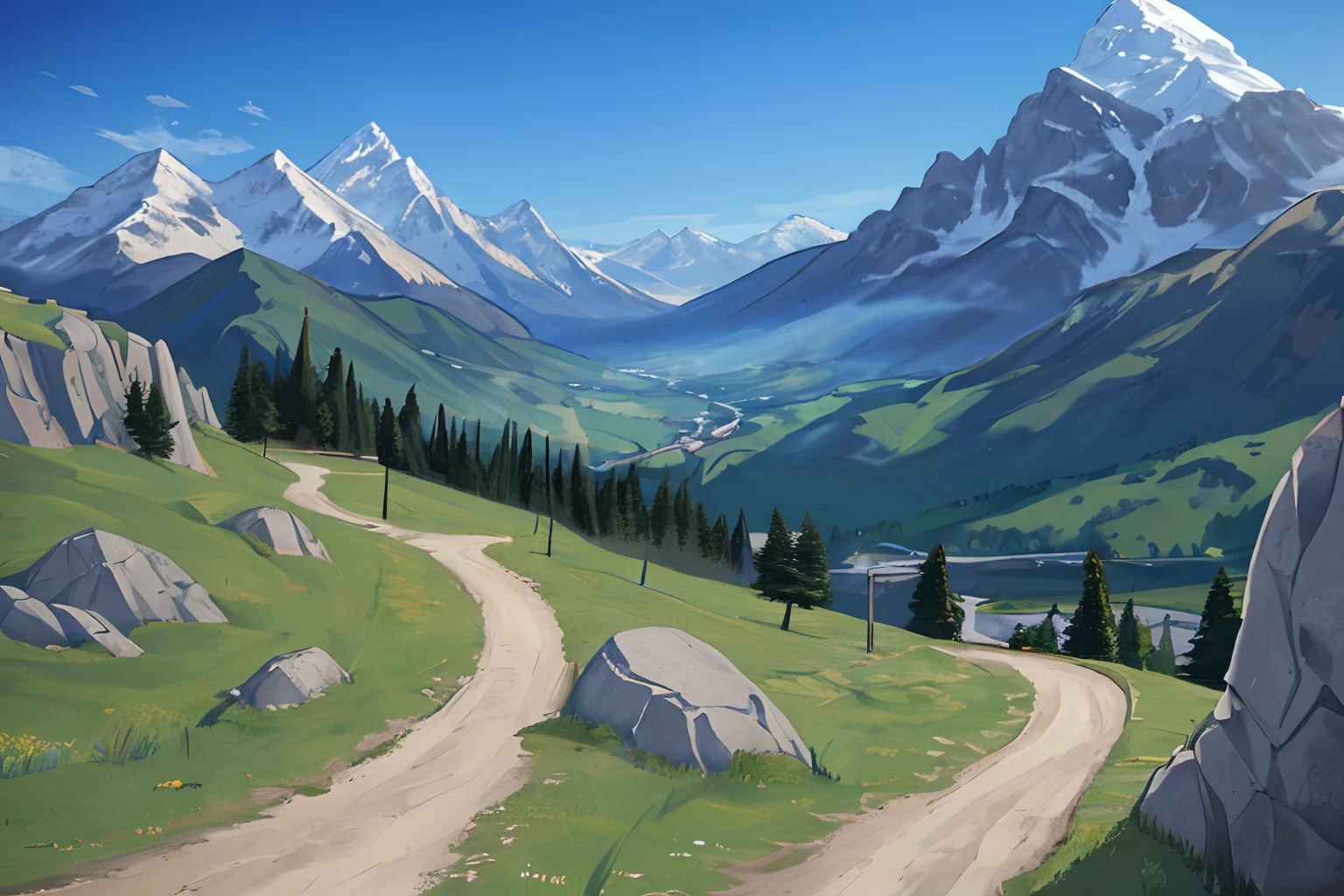 Peaks of the Alps、boulders、yuki、Endless road to the left、landscapes:Wagas＝1:3、Unpaved roads、Superb view