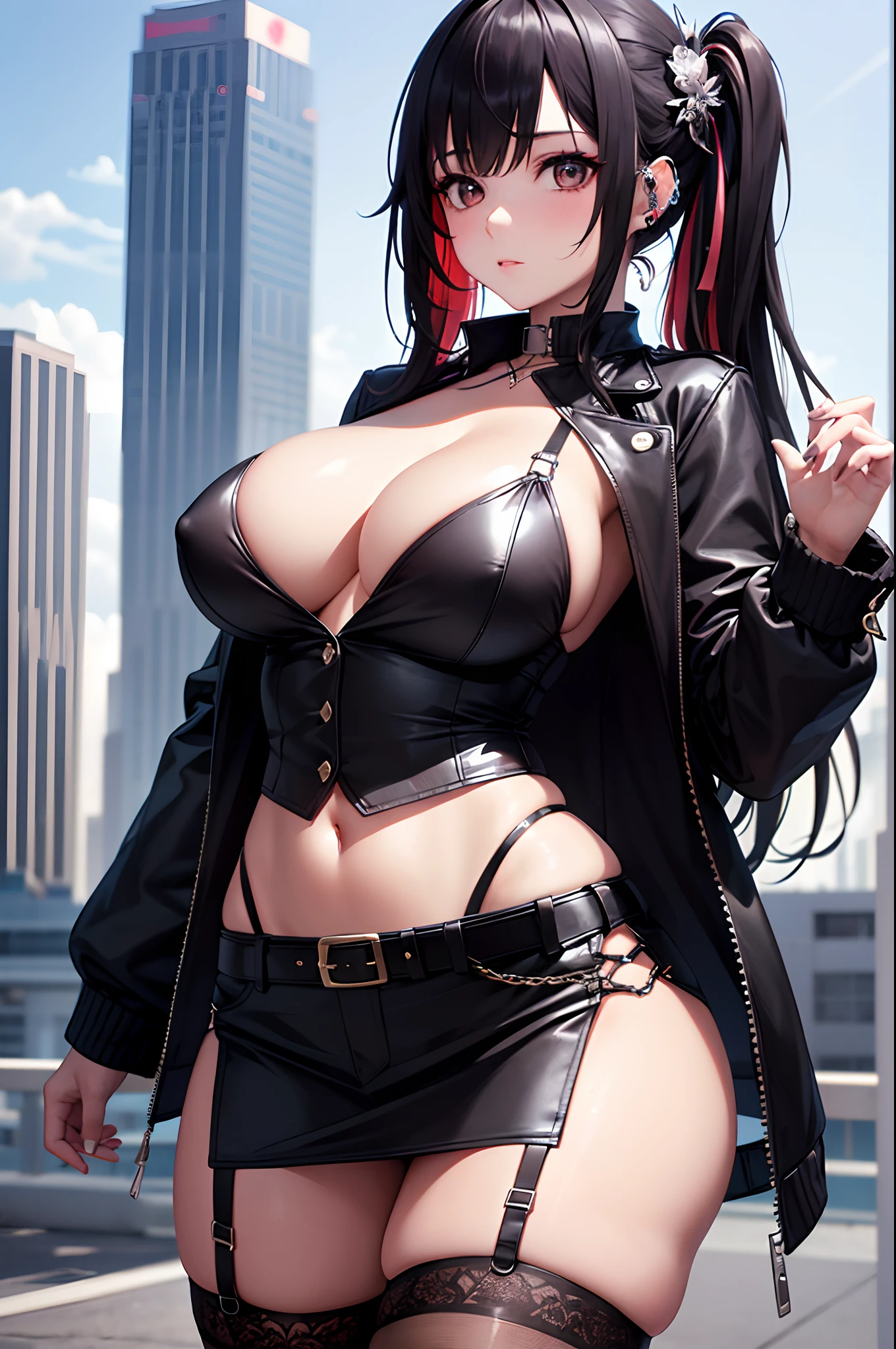 1girl, absurdres, high res, extremely detailed ultrasharp, 8K, masterpiece, city background, looking at viewer, human, thighs, breasts, big breasts, sideboob, long hair, multicolored hair, makeup, hair ornament, shirt, open jacket, miniskirt, belt, garter straps, ear piercings, hair ornament, transparent