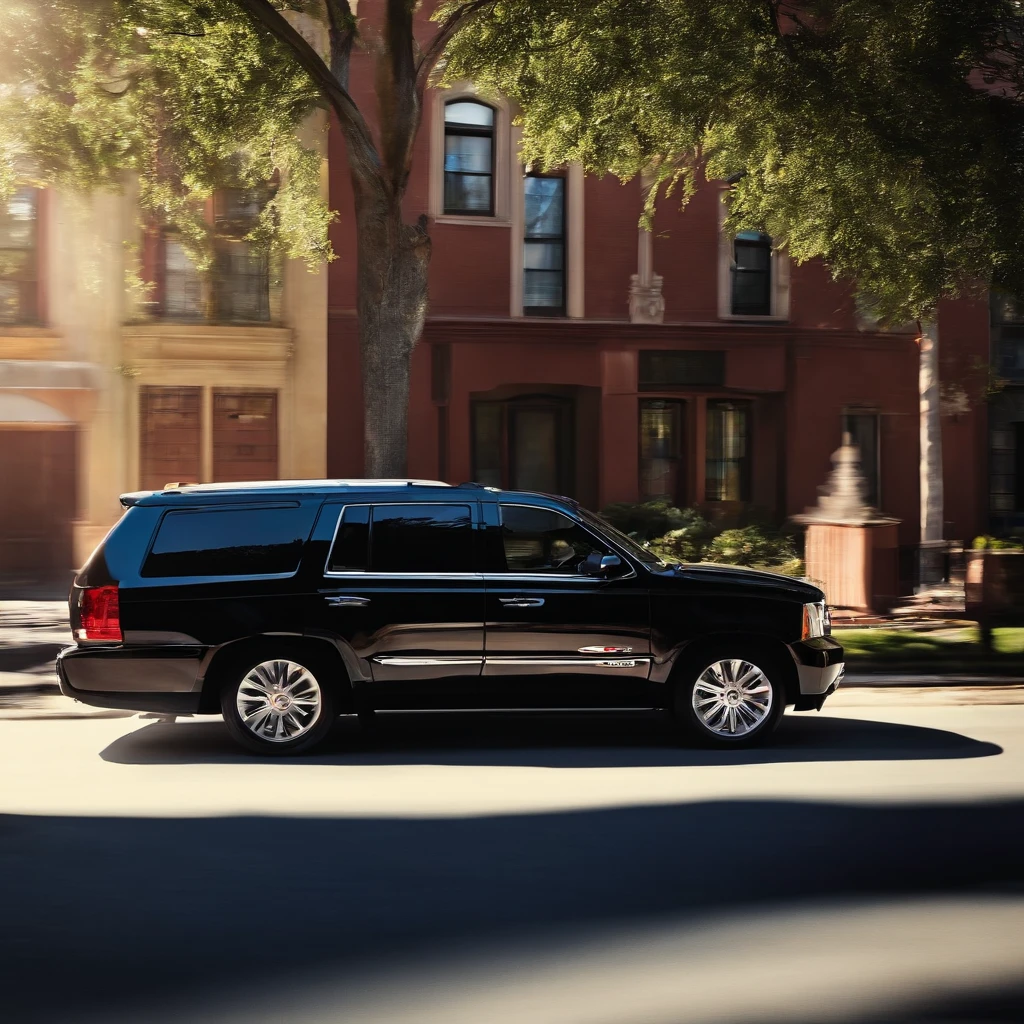 straight side profile view,Morning sun,An SUV,solo,drove down the street,speed,