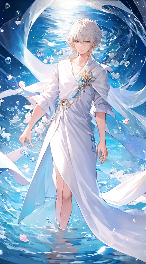 Anime boy standing in the water in a white dress，hold a flower, male people， zerochan art, trending on artstation pixiv, White-haired god, flowing magical robe, Digital art on Pisif , full portrait of elementalist, Beautiful celestial mage, By Yuumei, !!Full body portrait!!,  full-body xianxia